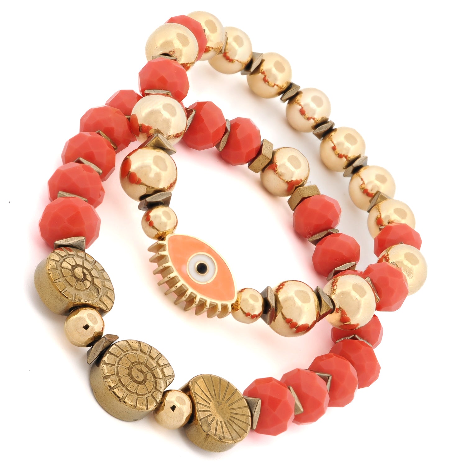 Spiritual bracelet set with faceted orange crystals, gold-plated beads, and hematite accents