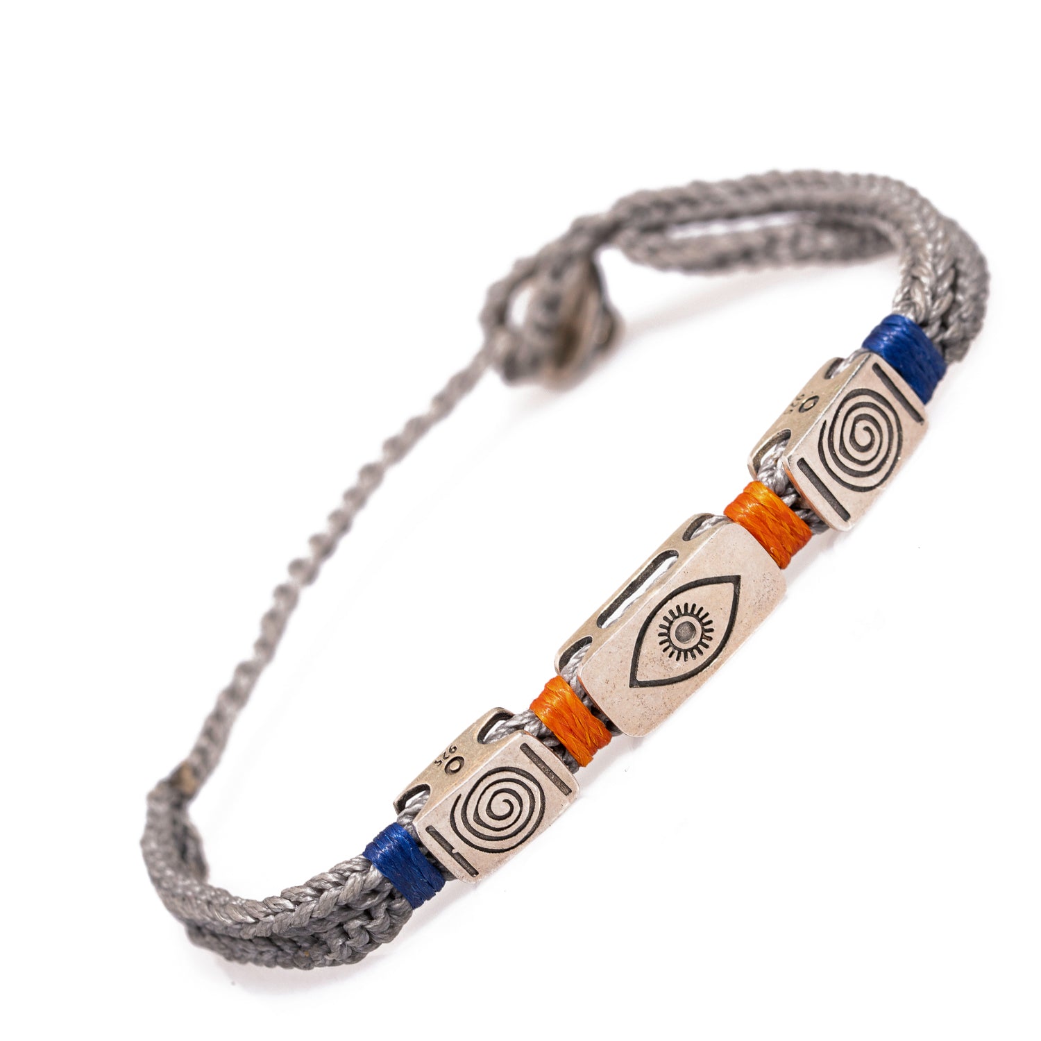 Stylish men's bracelet with grey rope, handmade knots, and sterling silver Evil Eye and Soul Spiral symbols.