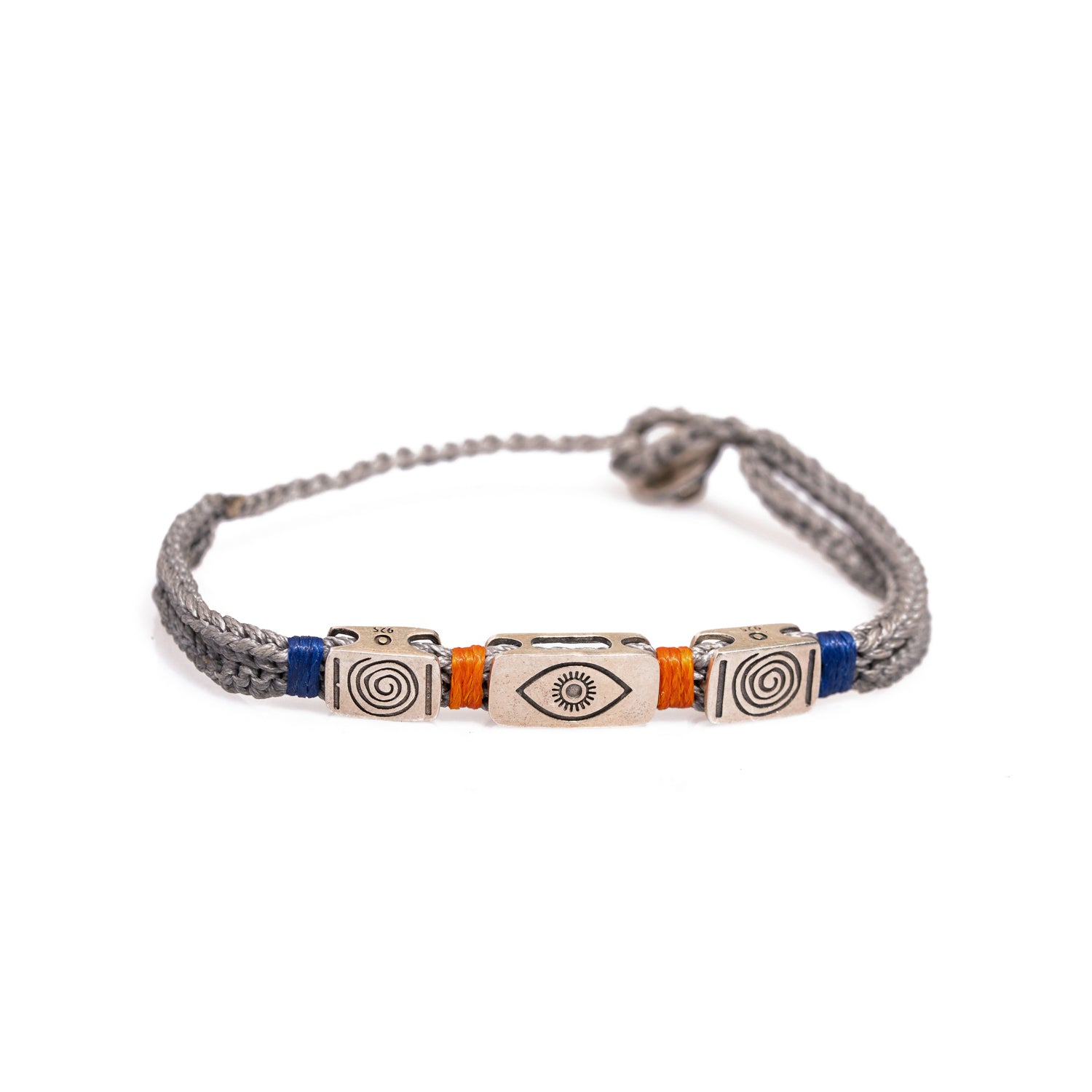 Evil Eye & Soul Grey Cord Striking Hope Men Bracelet featuring sterling silver charms on an adjustable grey rope.