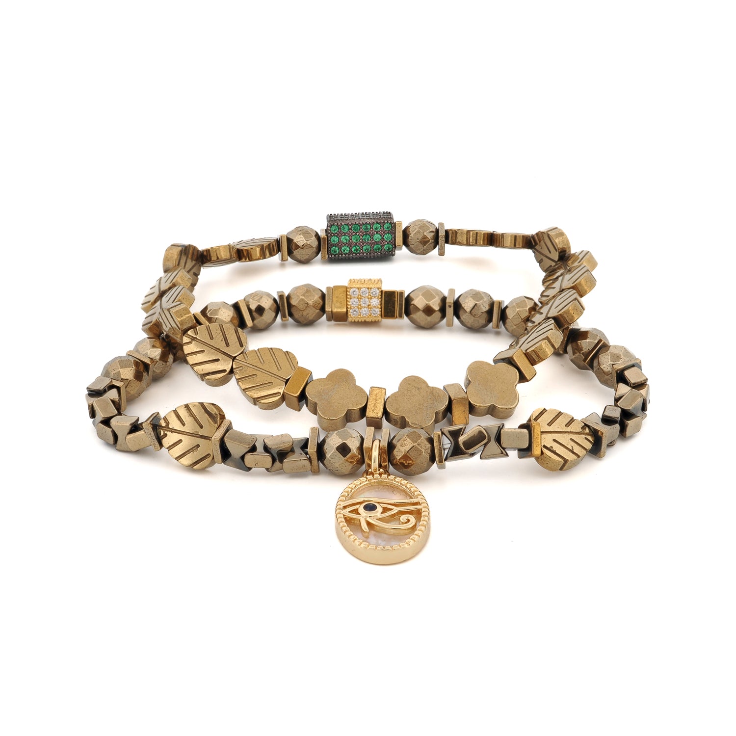 Eye of Ra gold hematite bracelet set with 18K gold-plated charm on white background