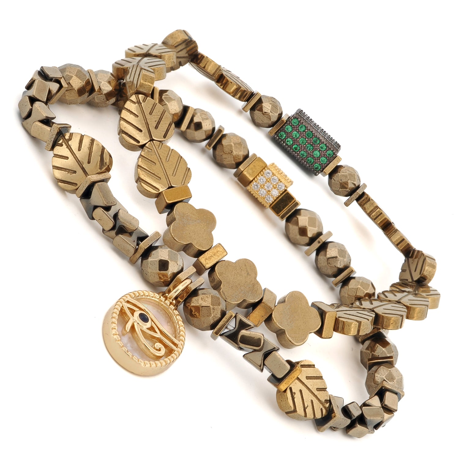 Handmade bracelet duo featuring Eye of Ra charm and gold-colored hematite stones