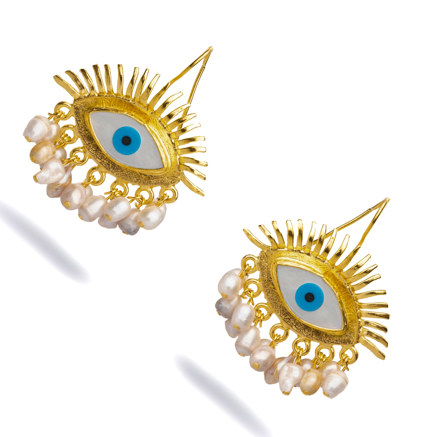 Gold Evil Eye Earrings with Blue Enamel Pupil and Dangling Pearls for a Statement Look