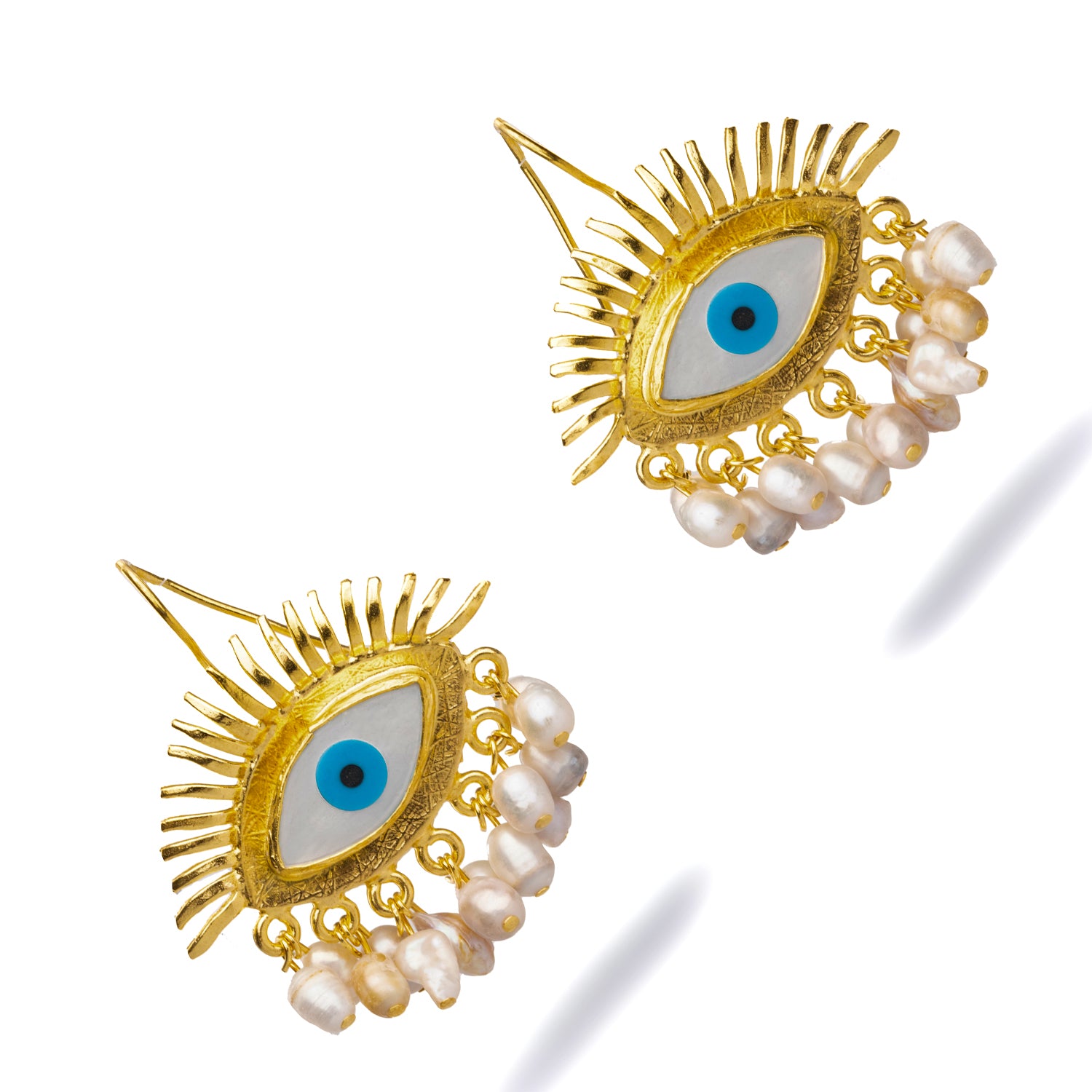 Gold-Plated Chunky Evil Eye Earrings with Blue Enamel and Pearl for Spiritual Defense and Luxury