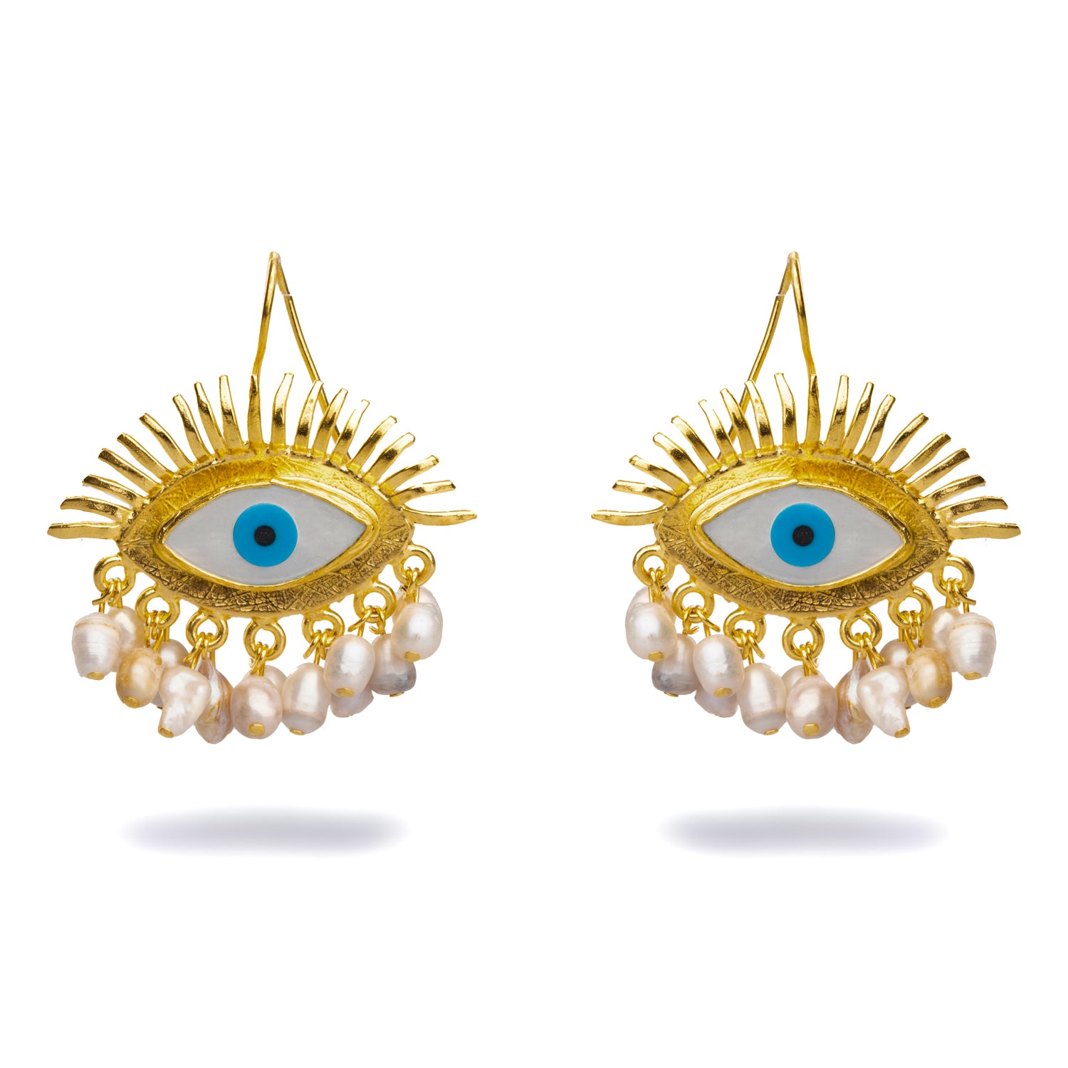 Handmade 24K Gold Evil Eye Earrings with Pearl and Blue Enamel for Powerful Spiritual Defense