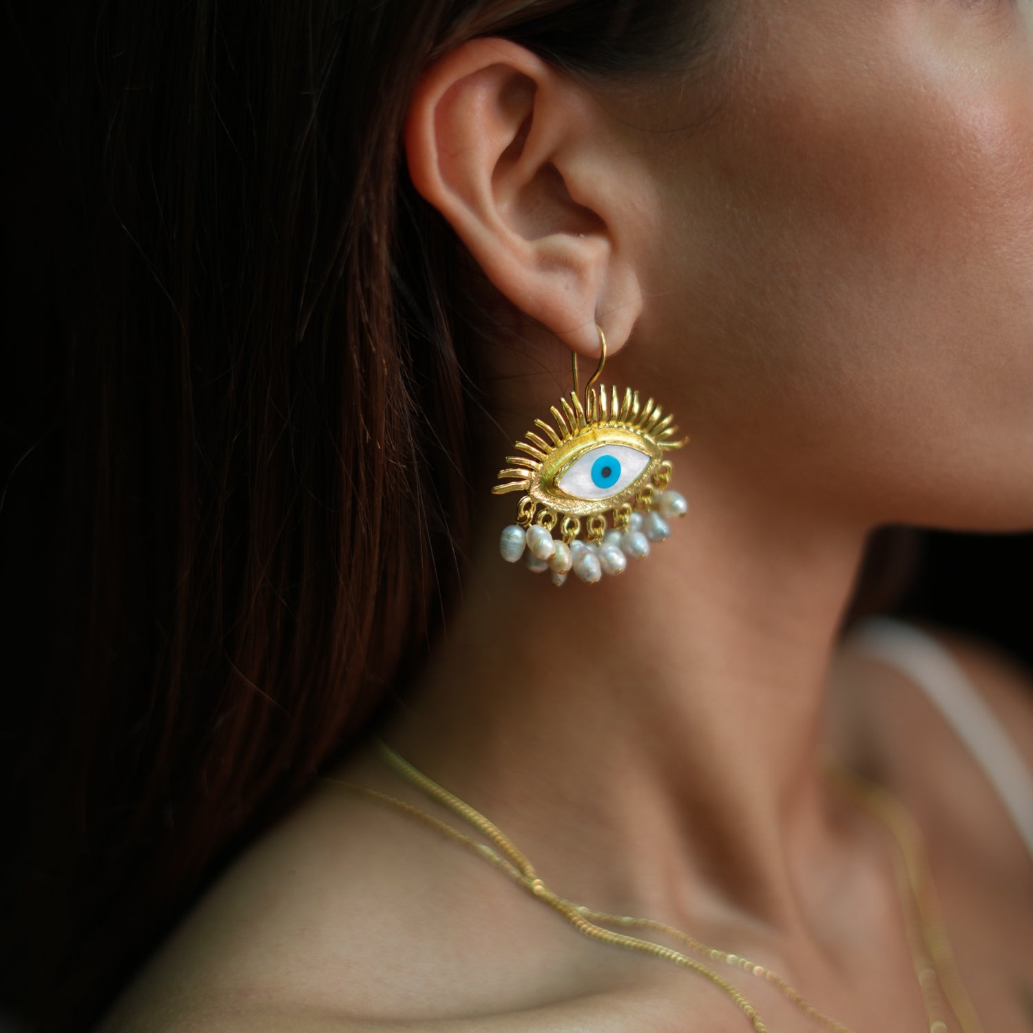 Bold 24K Gold-Plated Evil Eye Earrings with Blue Enamel and Pearl Drop for Timeless Protection