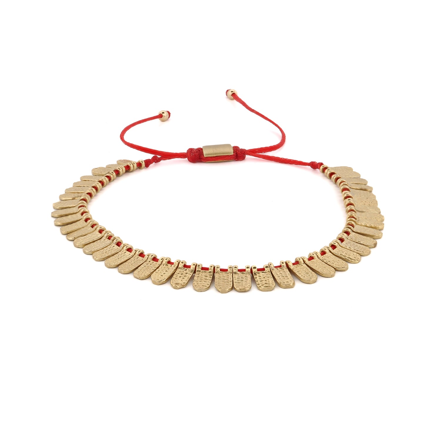 Fish Scale Red & Gold Cord Bracelet featuring 18K gold-plated fish scale-inspired charms on a vibrant red cord.