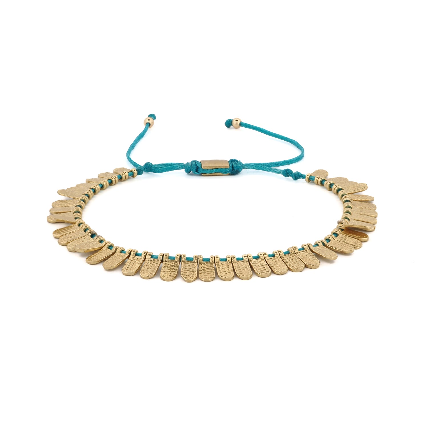 Fish Scale Turquoise & Gold Cord Bracelet featuring 18K gold-plated fish scale charms on a vibrant turquoise cord.