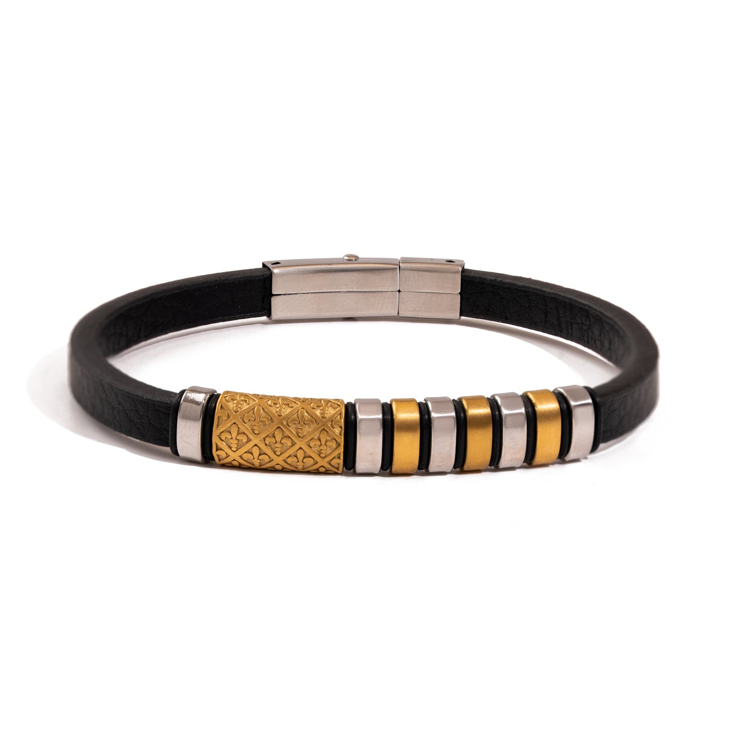 Fleur-de-lis Dual Tone Leather Bracelet