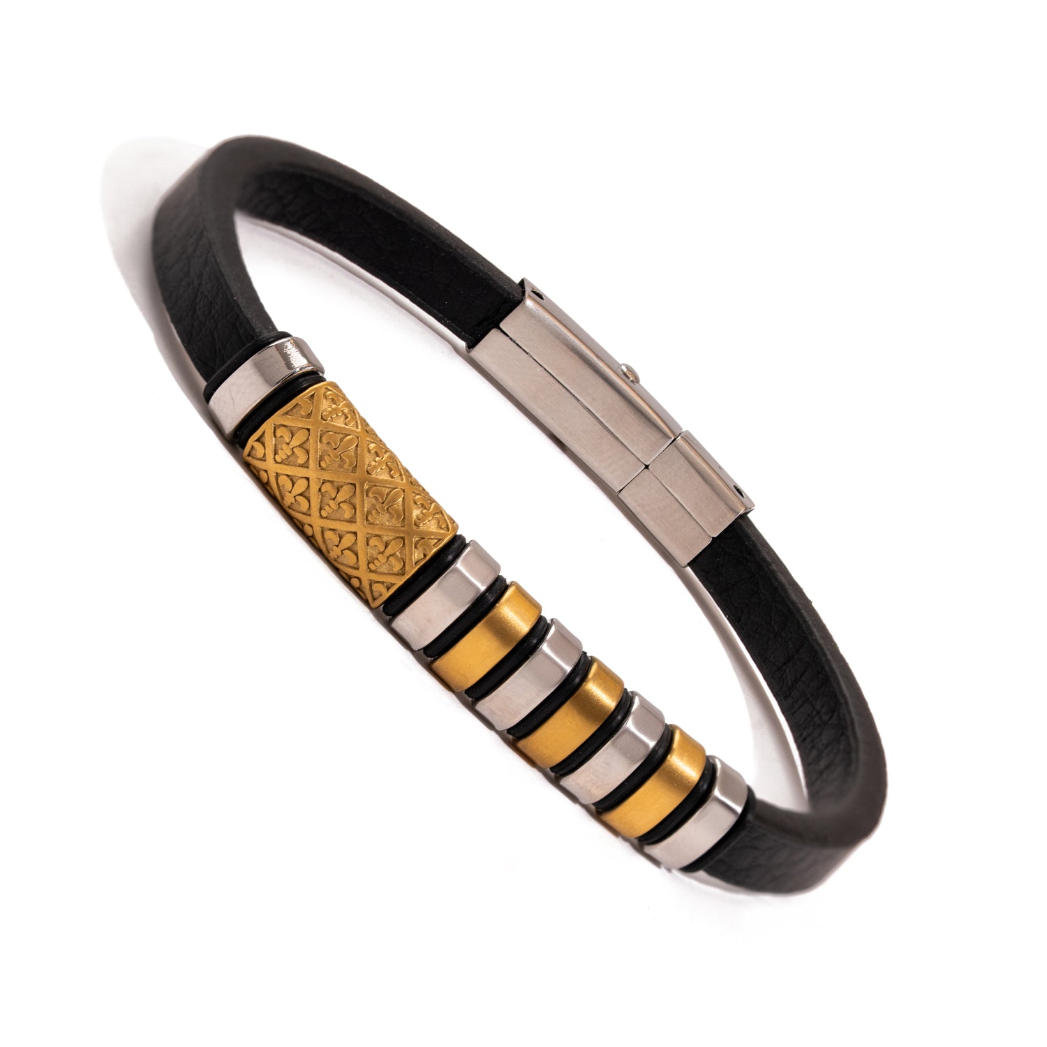 Fleur-de-lis Dual Tone Leather Bracelet