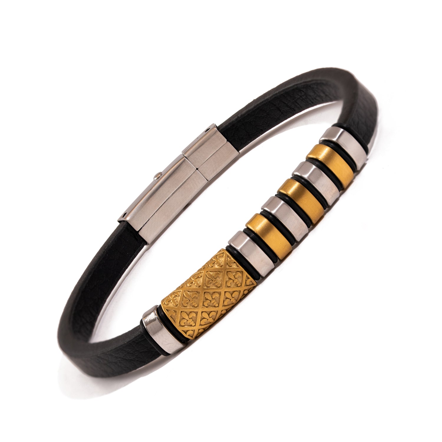 Fleur-de-lis Dual Tone Leather Bracelet