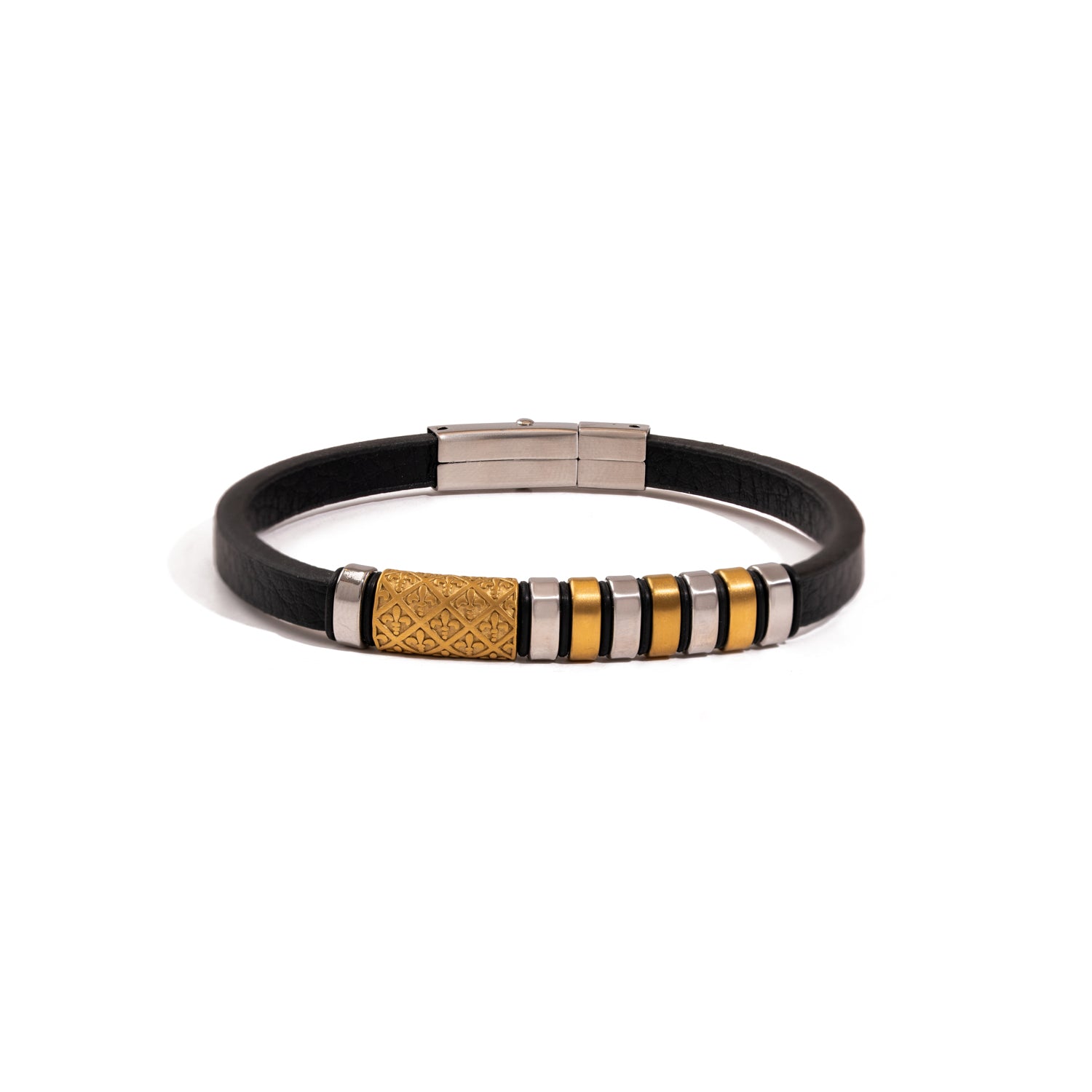 Fleur-de-lis Dual Tone Leather Bracelet
