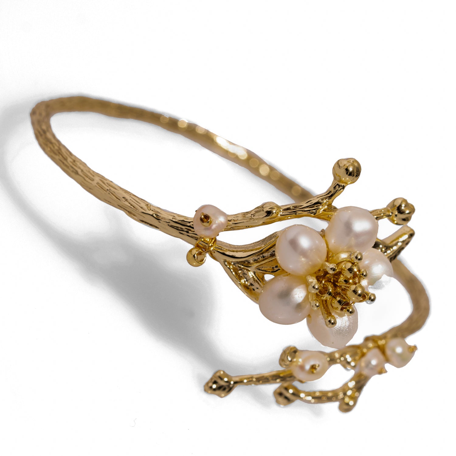 Handmade 24K Gold Cuff Bracelet with Pearl Stones and Floral Detailing for Bridal Perfection