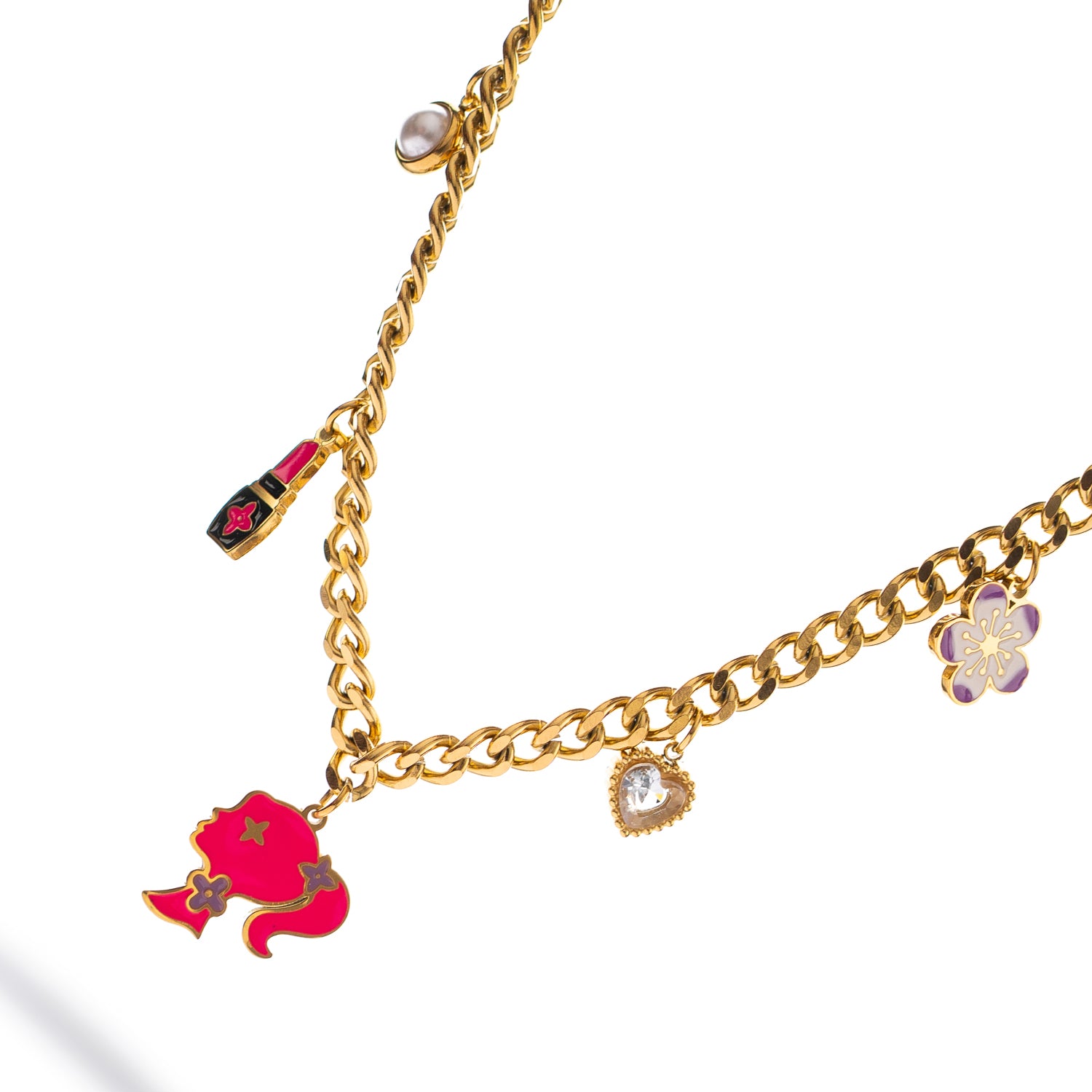 Colorful girl-inspired necklace with charm cluster on adjustable gold chain