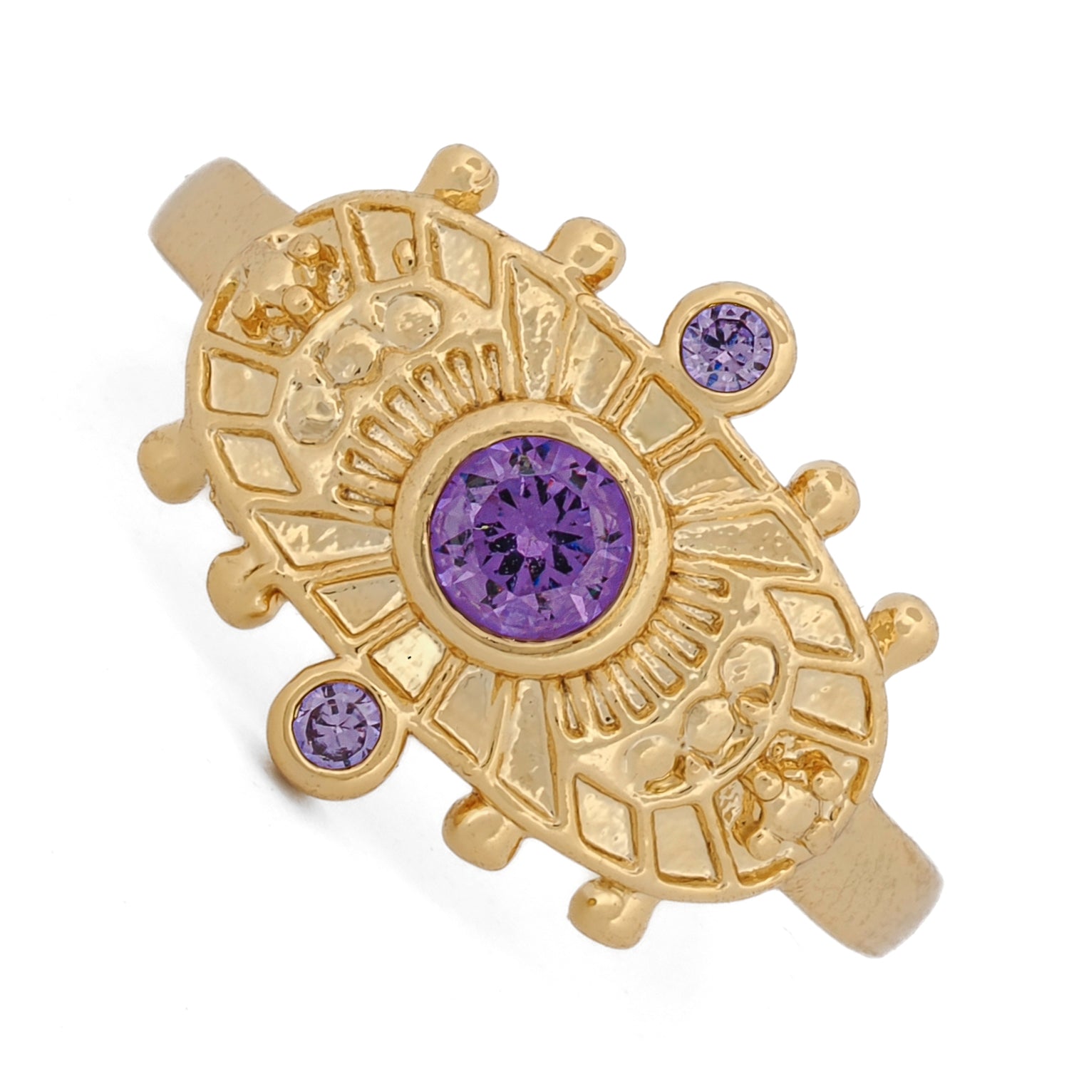 Adjustable gold ring from Cleopatra Collection adorned with amethyst for intuition and calm.
