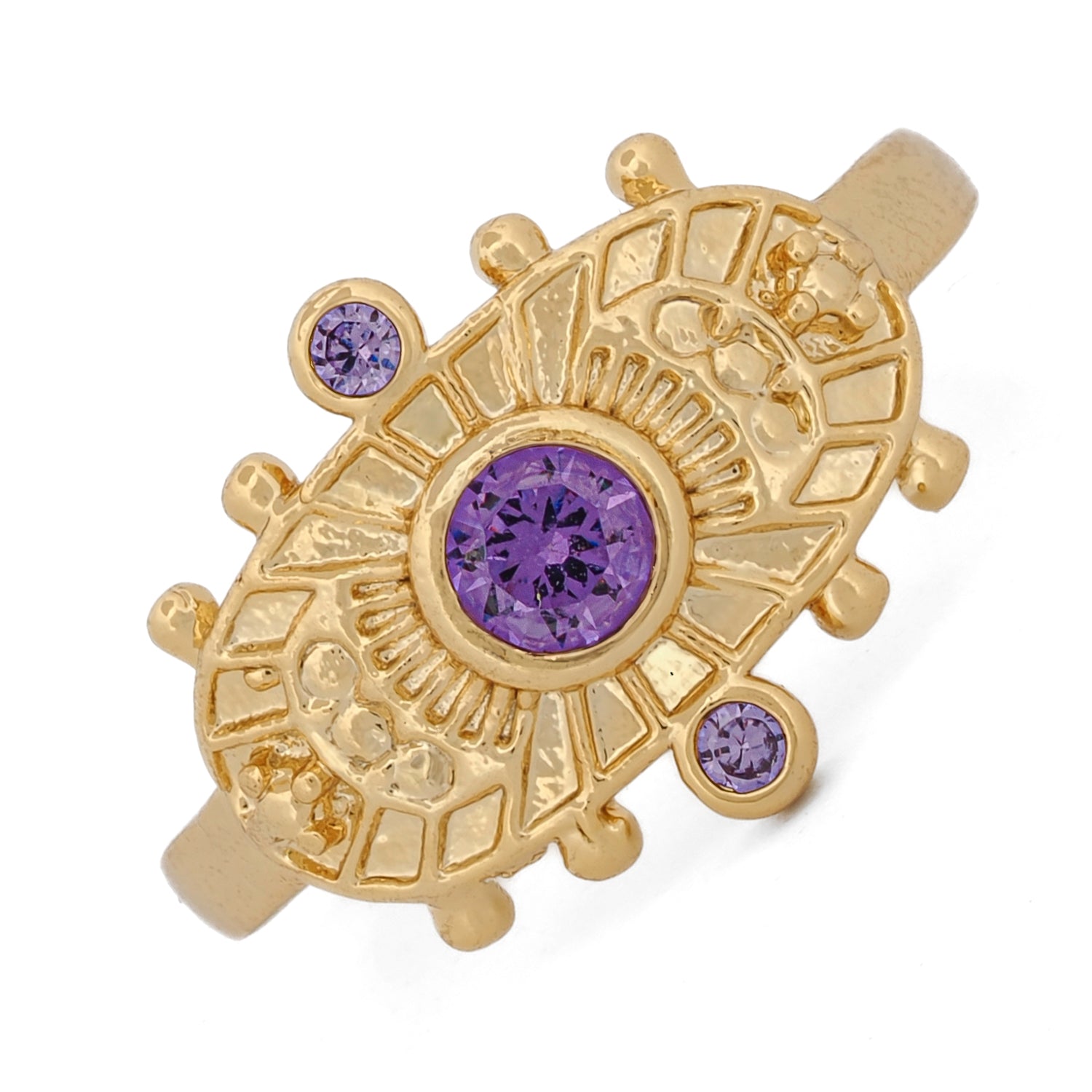 Statement ring blending rich 24K gold finish with sacred amethyst energy and ancient patterns.