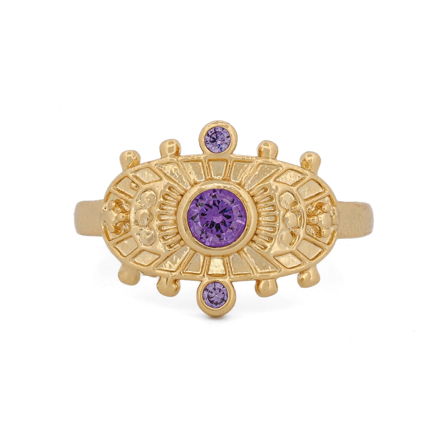 Goddess Cleopatra gold adjustable ring with luminous amethyst stone and intricate geometric details.