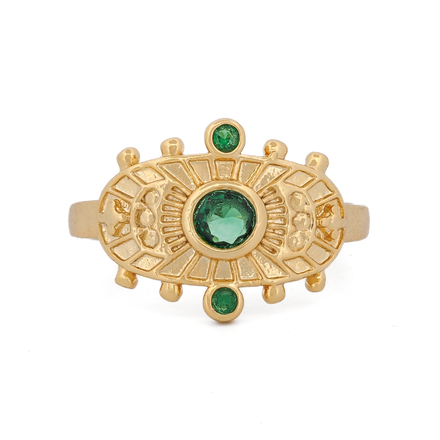 Goddess Cleopatra gold adjustable ring with vivid green emerald and intricate geometric design.