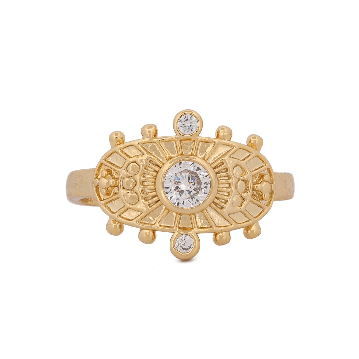 Goddess Cleopatra adjustable gold ring with brilliant CZ diamond cluster and sacred motifs.