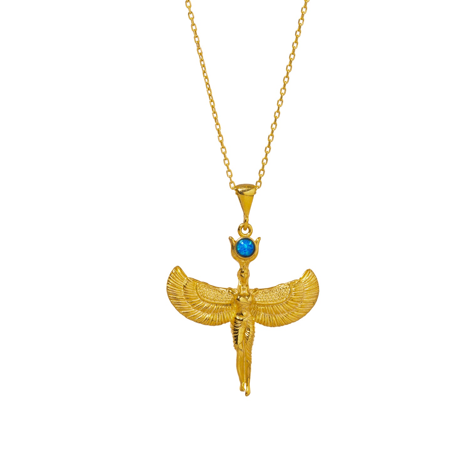 18K Gold-Plated Necklace with Goddess Isis Pendant and Blue Opal Stone for Spiritual Empowerment