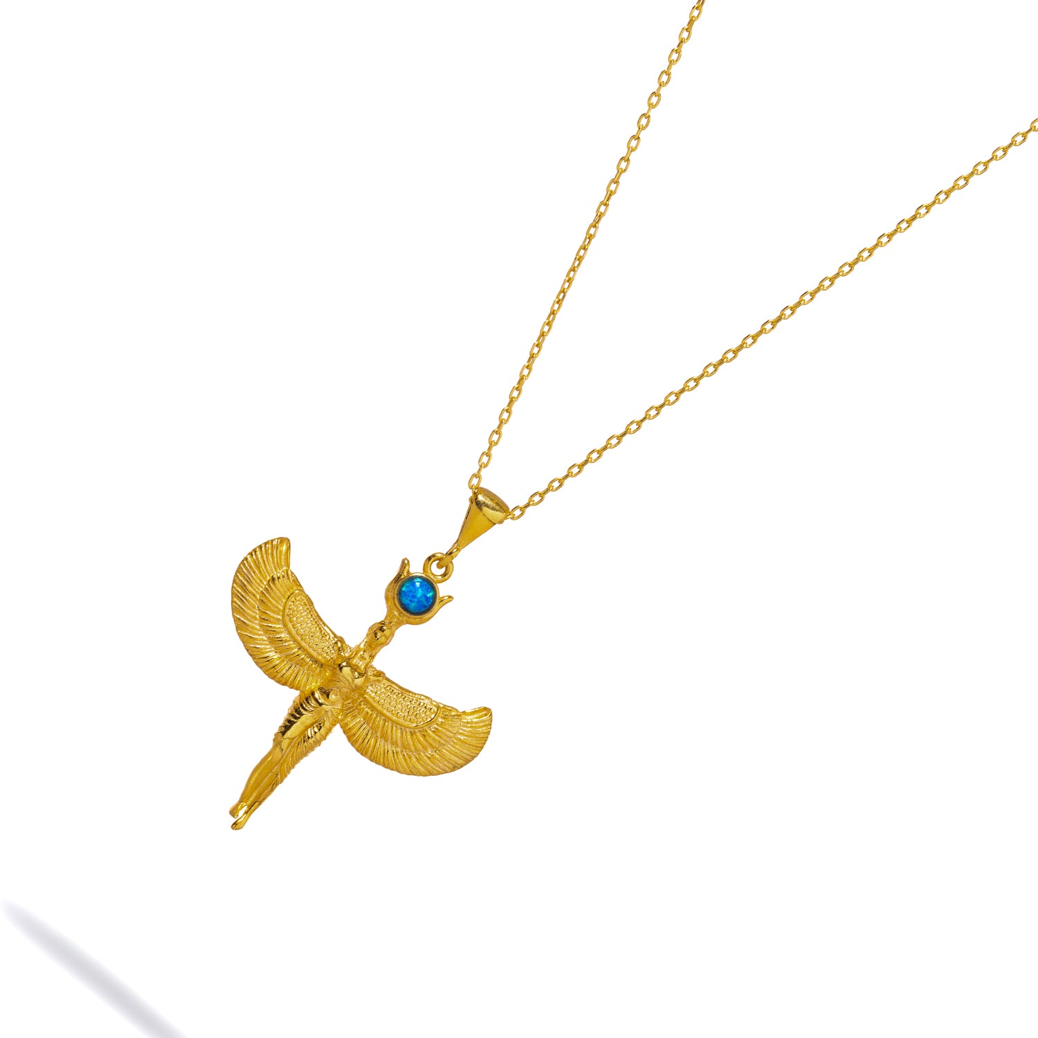 Gold Chain Necklace with Goddess Isis Pendant and Blue Opal Gemstone for a Symbol of Empowerment