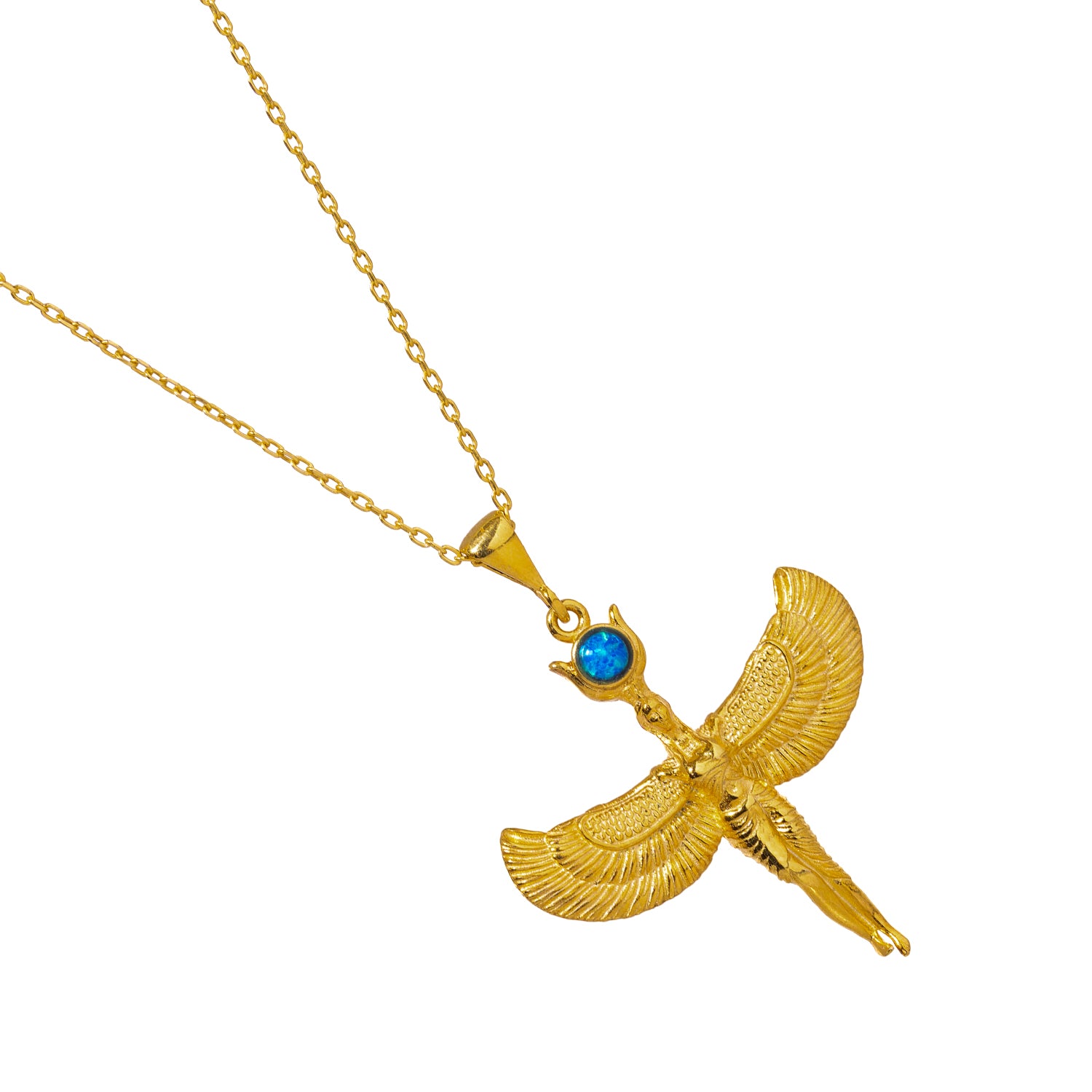 18K Gold-Plated Goddess Isis Necklace with Blue Opal for Protection, Strength, and Elegance