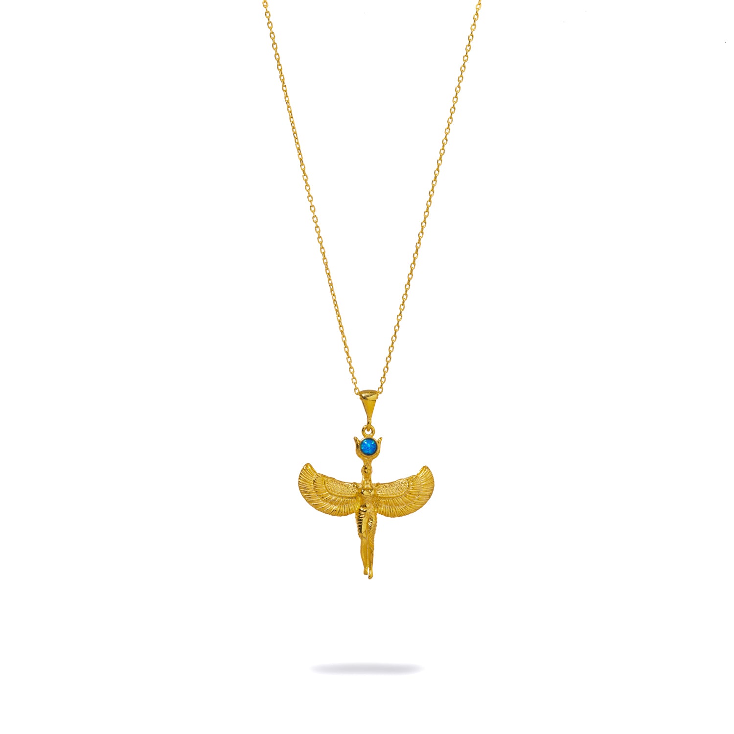 Handcrafted 18K Gold Necklace with Goddess Isis Pendant and Blue Opal Stone for Mystical Energy
