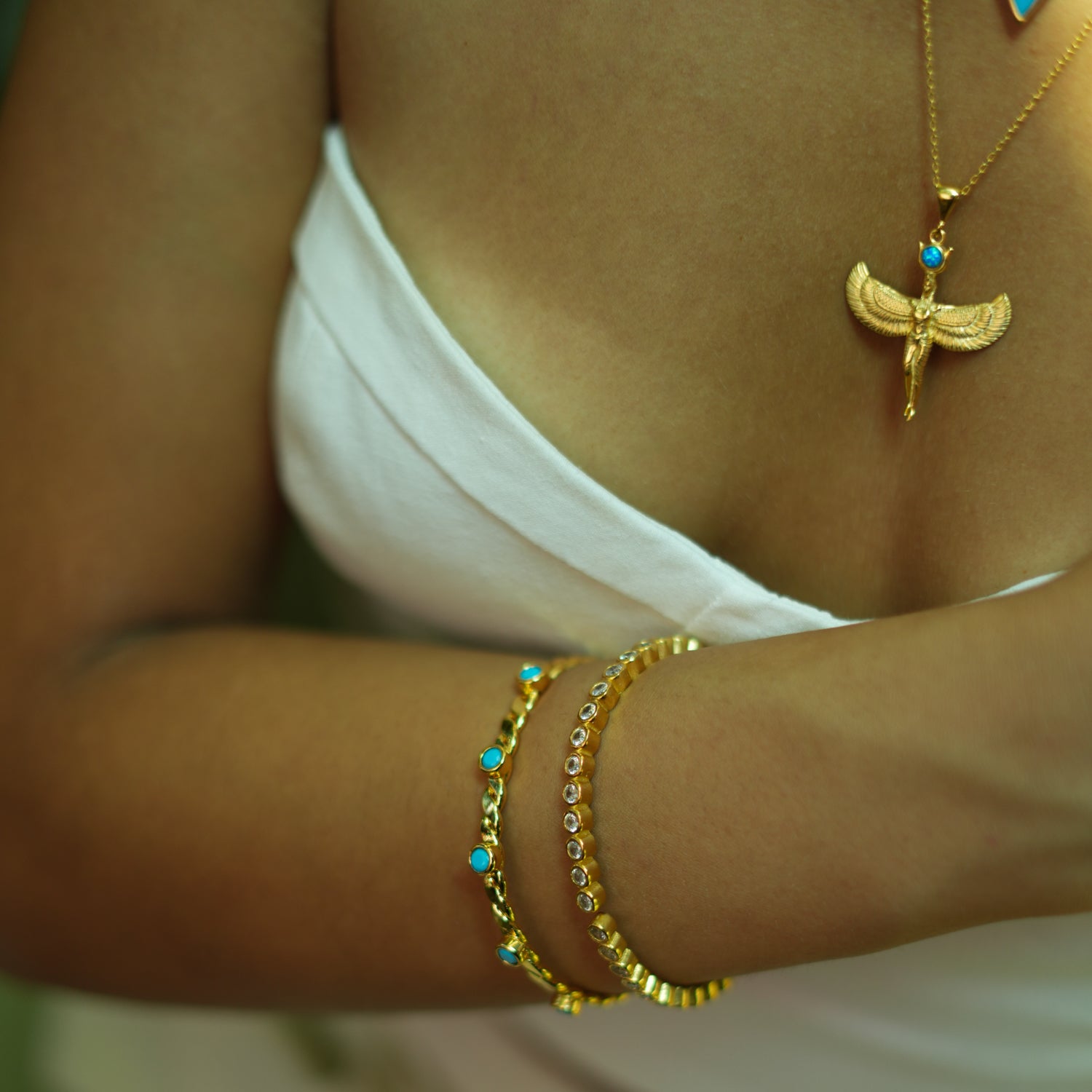 Gold Necklace with Goddess Isis Pendant and Blue Opal Stone for a Beautiful, Mystical Fashion Statement