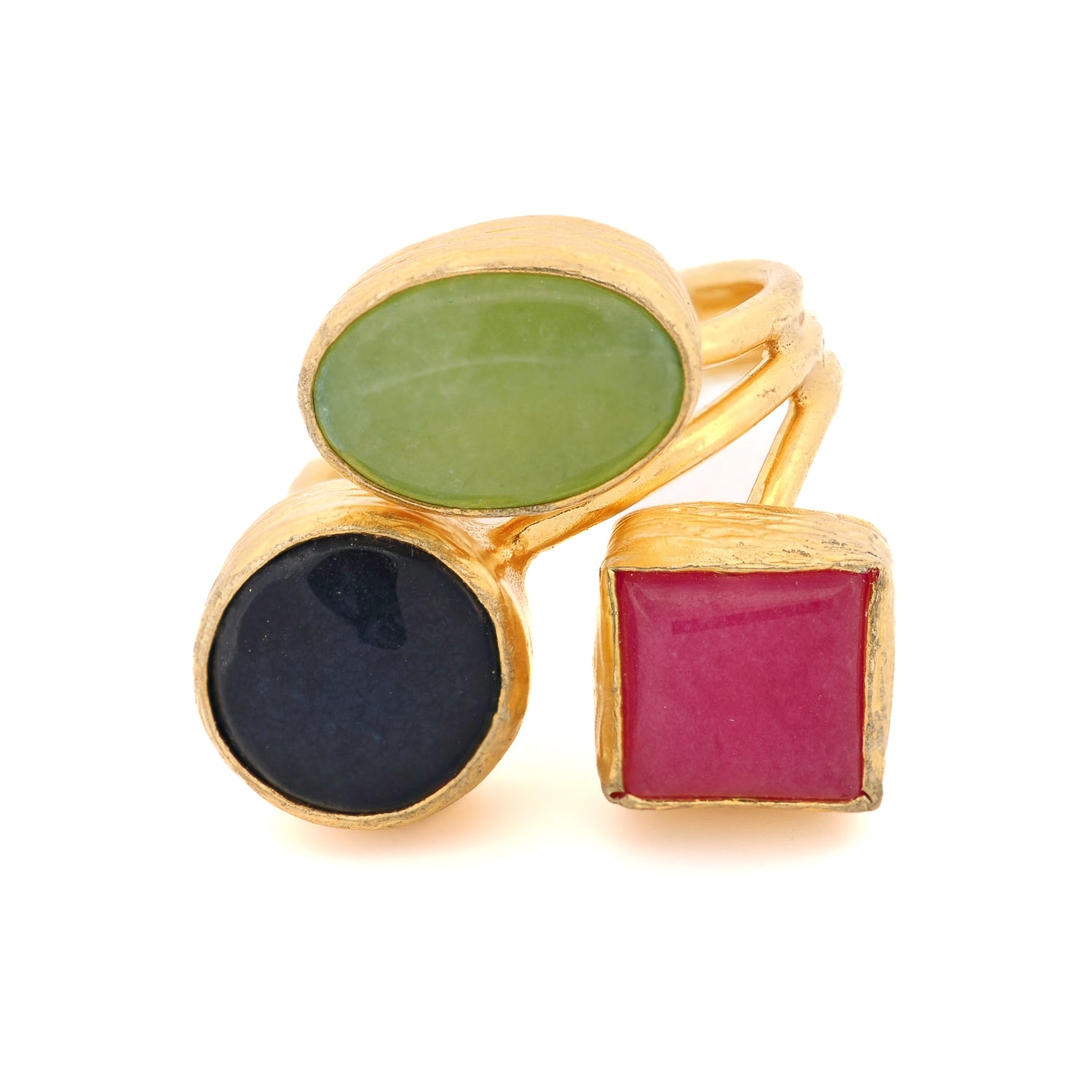 Goddess Light trio gemstone ring with jade, ruby, and sapphire on white background