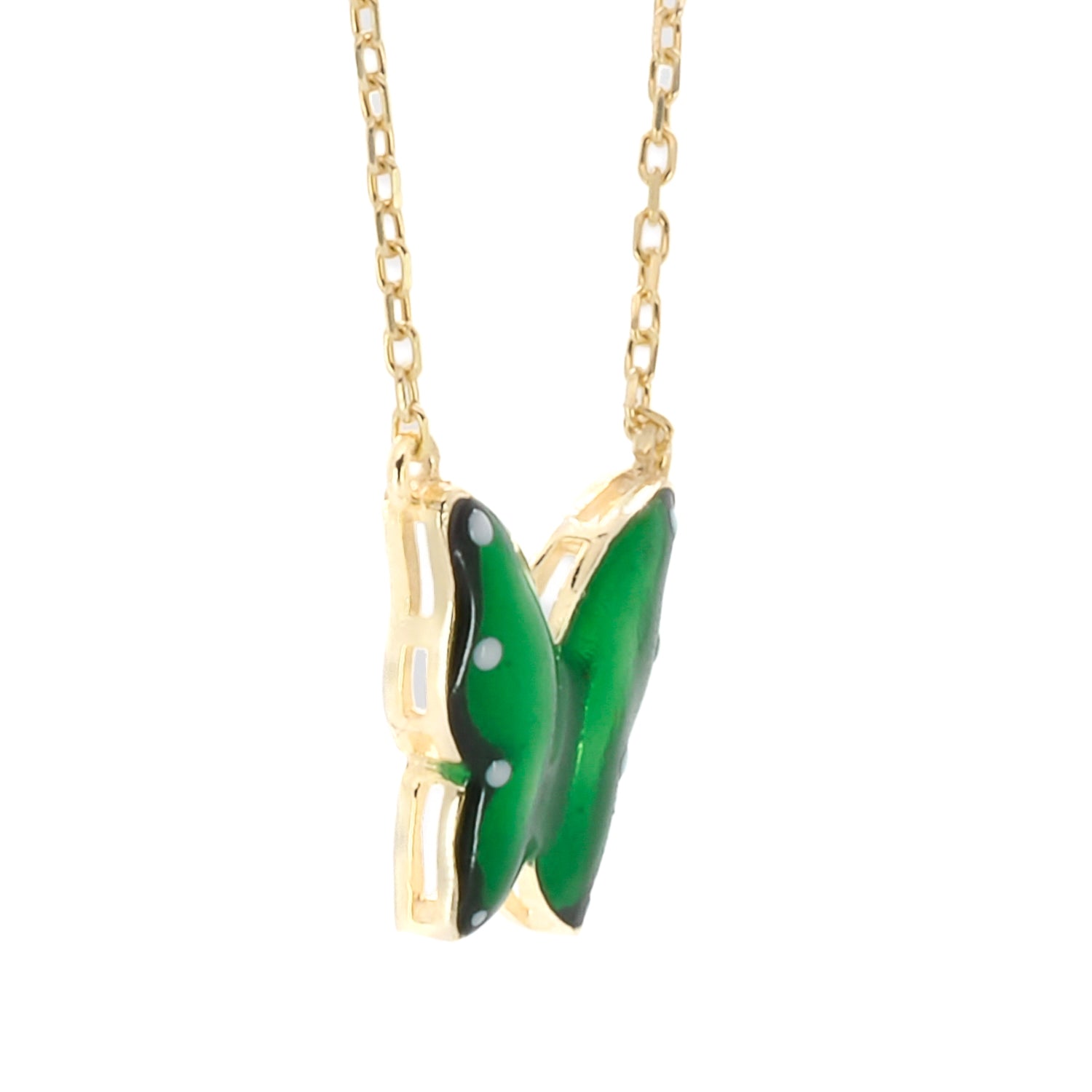 Gold Abundance Green Enamel Butterfly Necklace, a unique and captivating piece of jewelry that inspires spiritual growth and self-transformation.