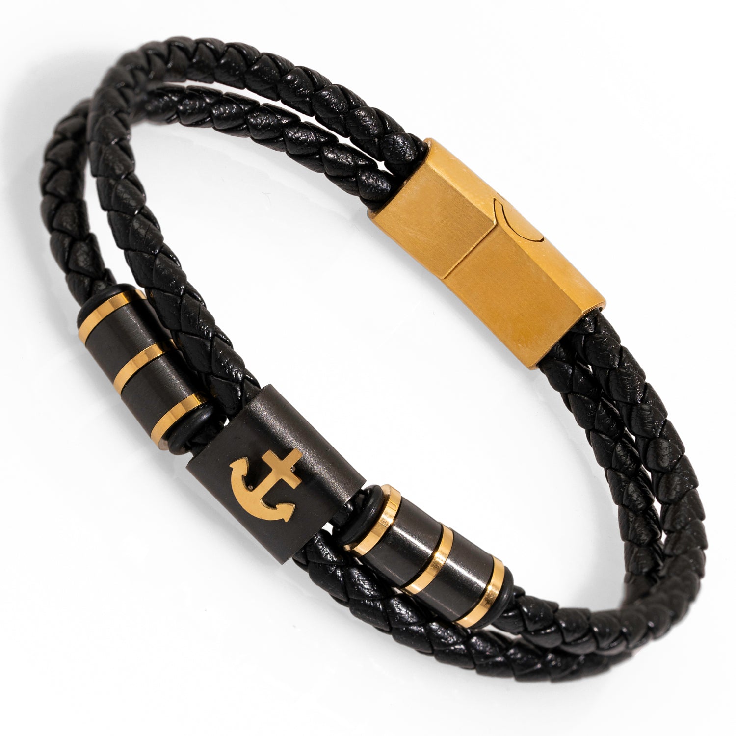 Black Leather Bracelet with Gold Anchor Design for Stability, Strength, and Elegance