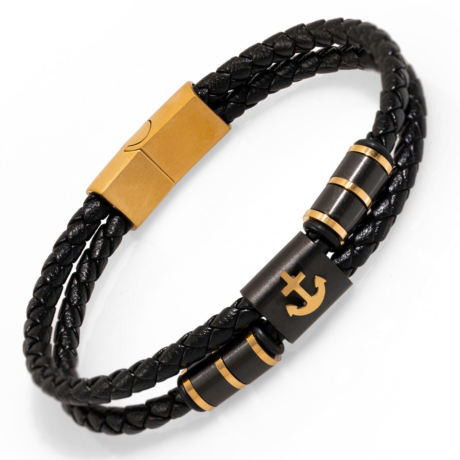 Premium Black Leather Bracelet with Gold Anchor for Strength, Hope, and Sophistication