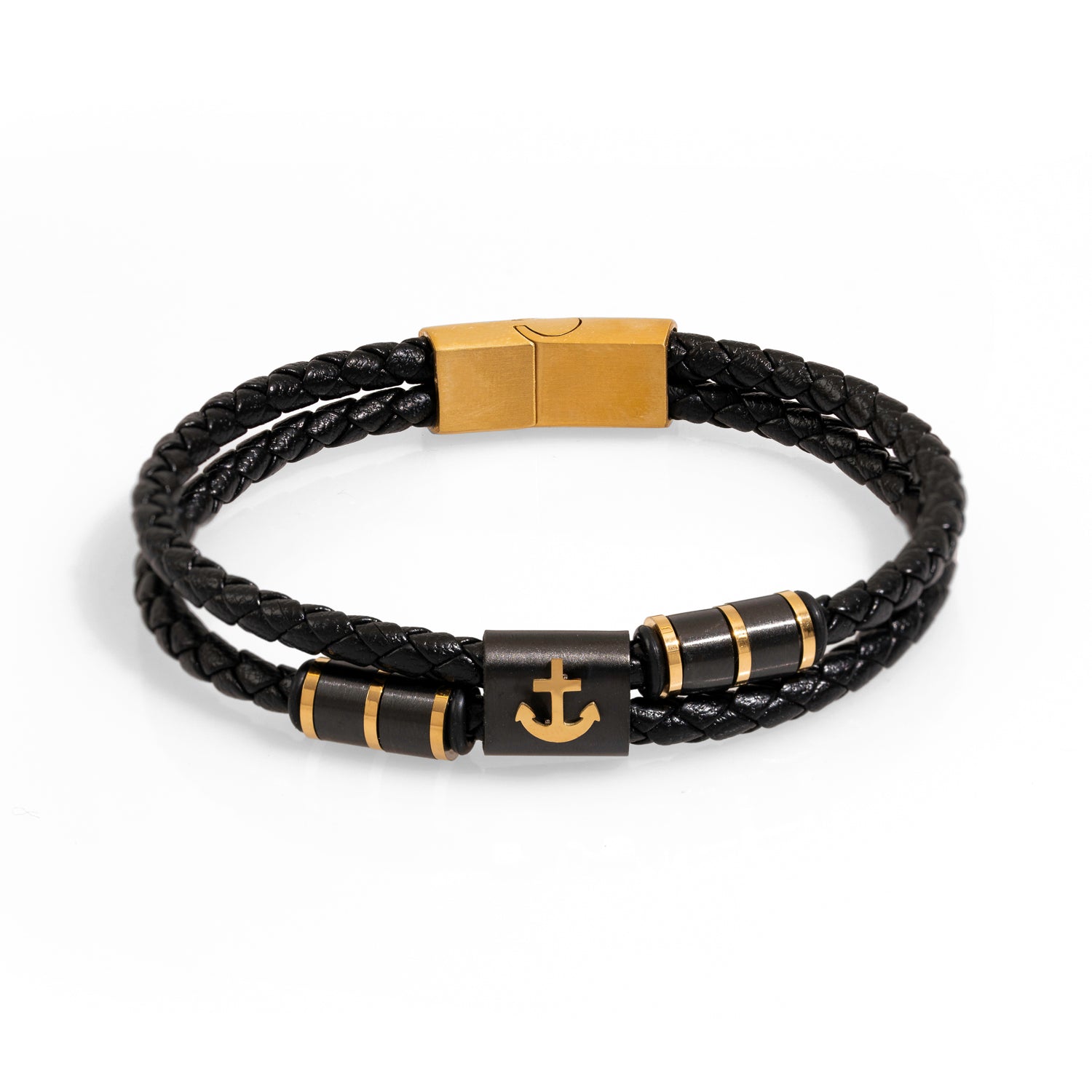 Handmade Black Leather Bracelet with Gold Plated Anchor Symbol for Hope and Style