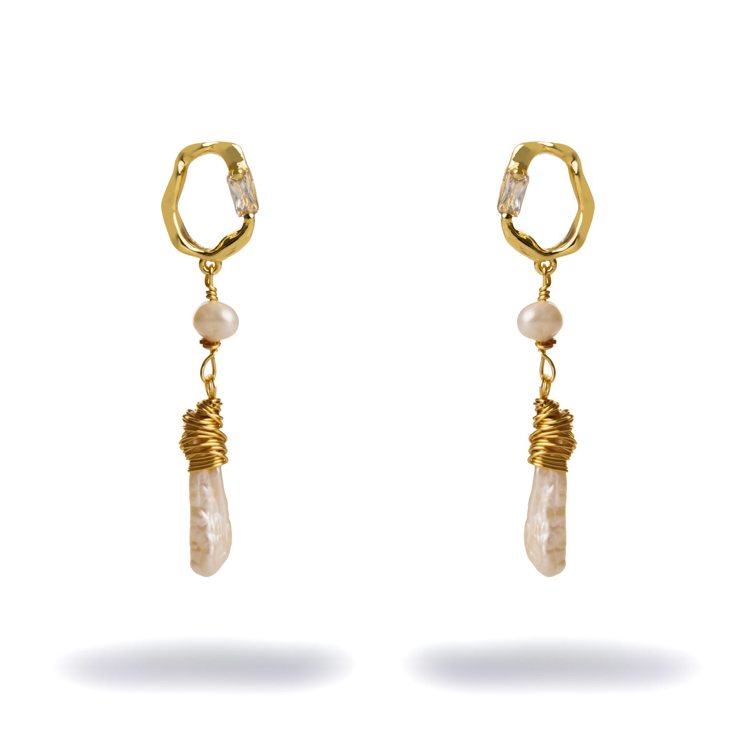 24K Gold-Plated Earrings with Baguette CZ Diamond and Delicate Pearl Drop for Luxury