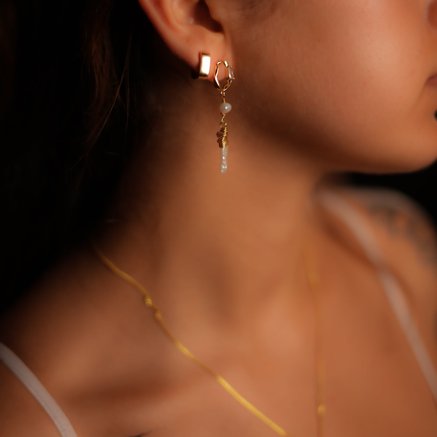 Gold Stud Earrings with Baguette Diamond and Wrapped Pearl Drop for Timeless Sophistication