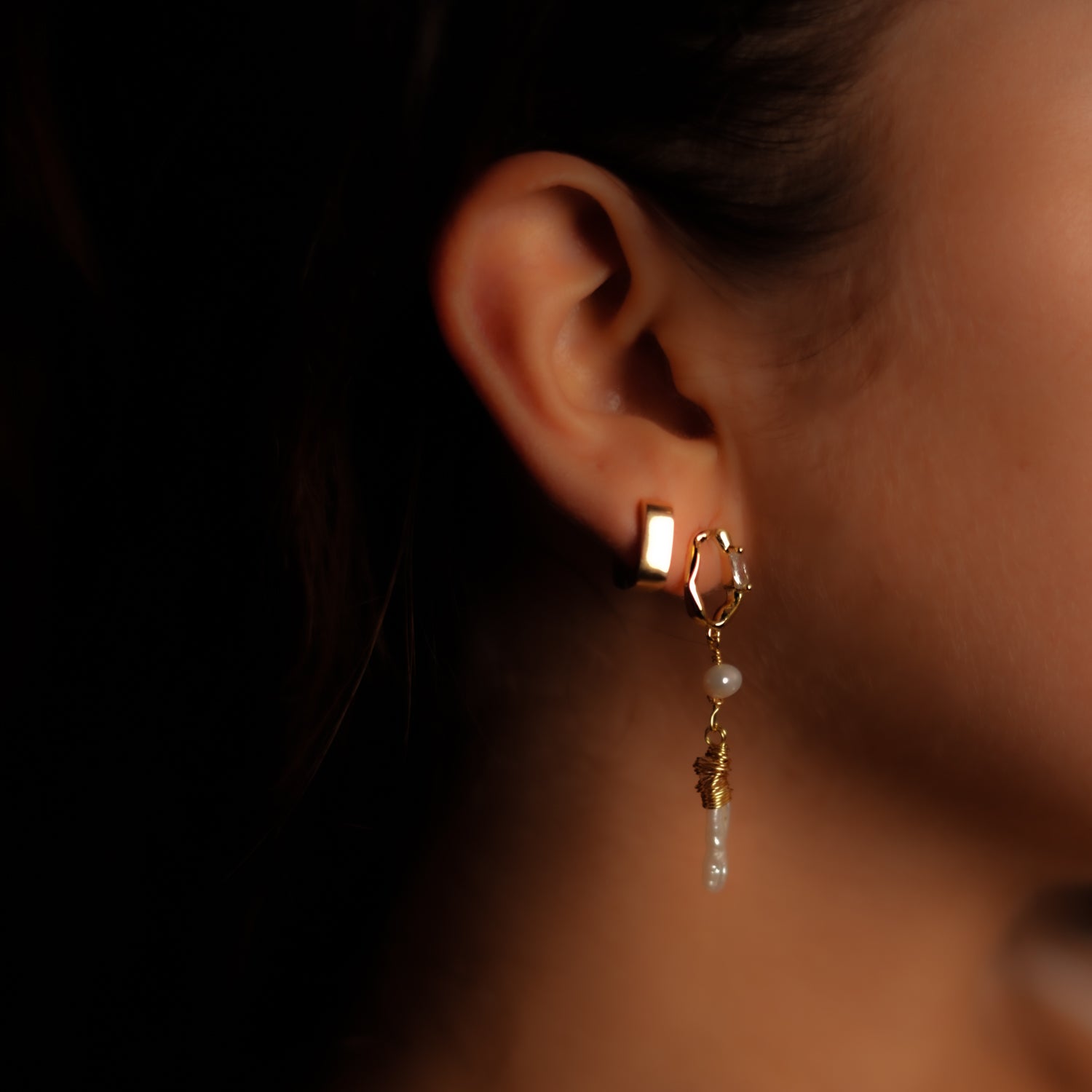 Handmade Gold Earrings with Baguette Diamond and Pearl Drop for Refined Style