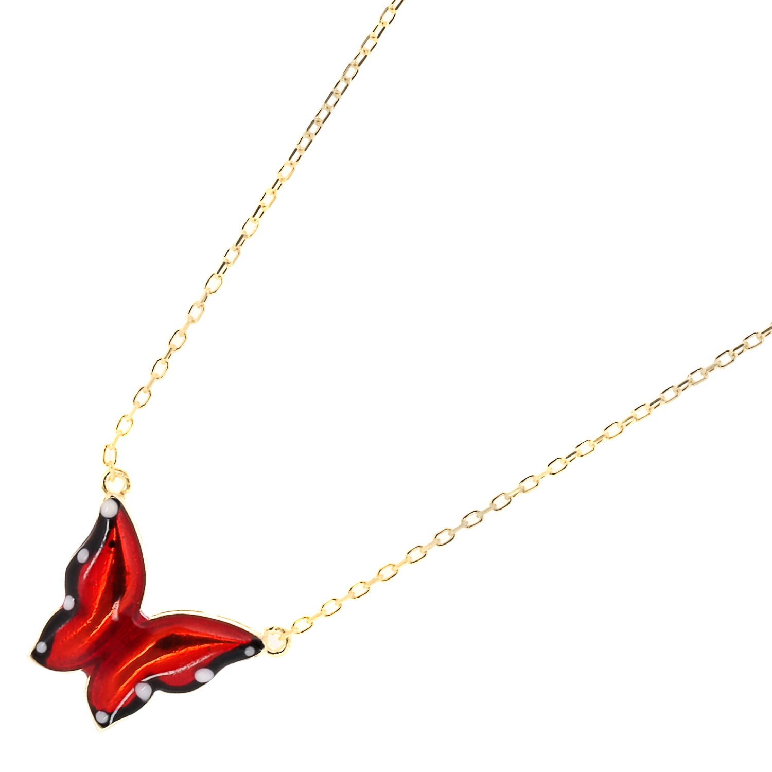 The elegant Gold Joy Red Enamel Butterfly Necklace, a beautiful accessory that brings joy and spirituality.