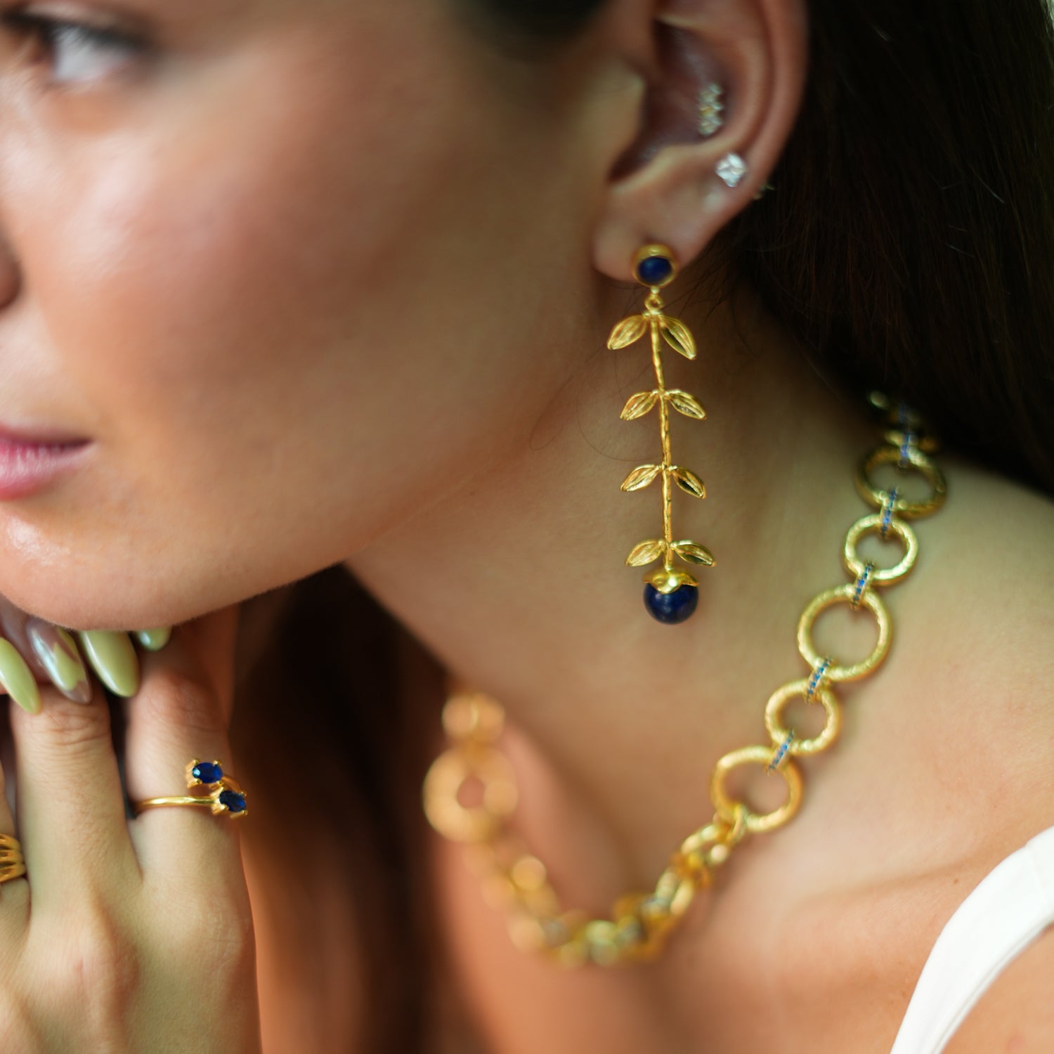 Bohemian Elegance Gold Leaf & Lapis Lazuli Stone Dangle Earrings