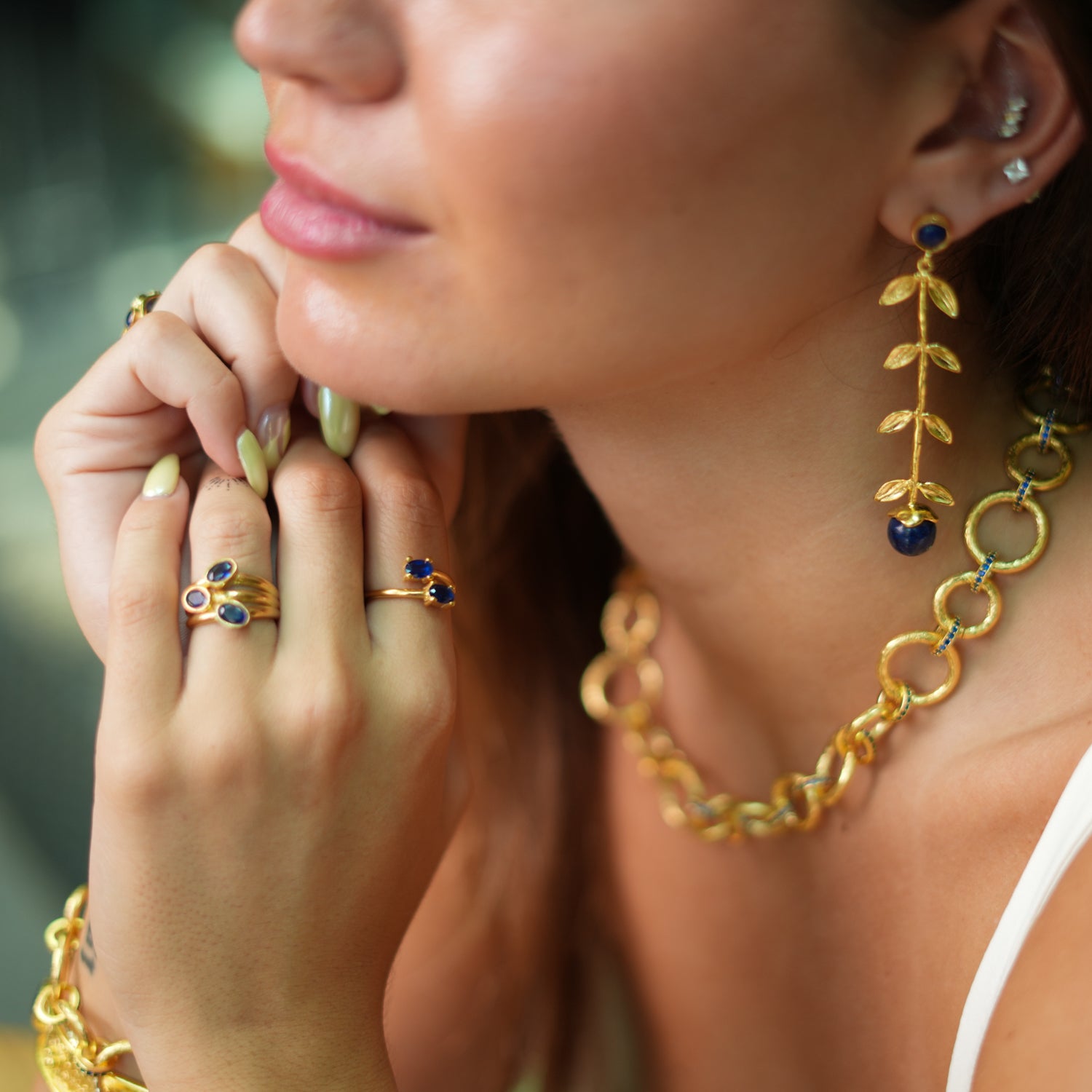 Elegant Gold Leaf and Lapis Lazuli Stone Earrings for a High-Energy Bohemian Fashion Statement