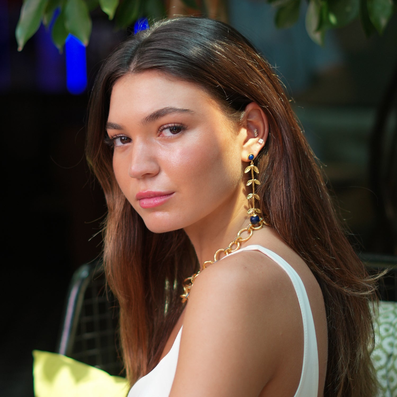 Gold Leaf and Lapis Lazuli Stone Dangle Earrings for a Mystical, High-Energy Boho Look