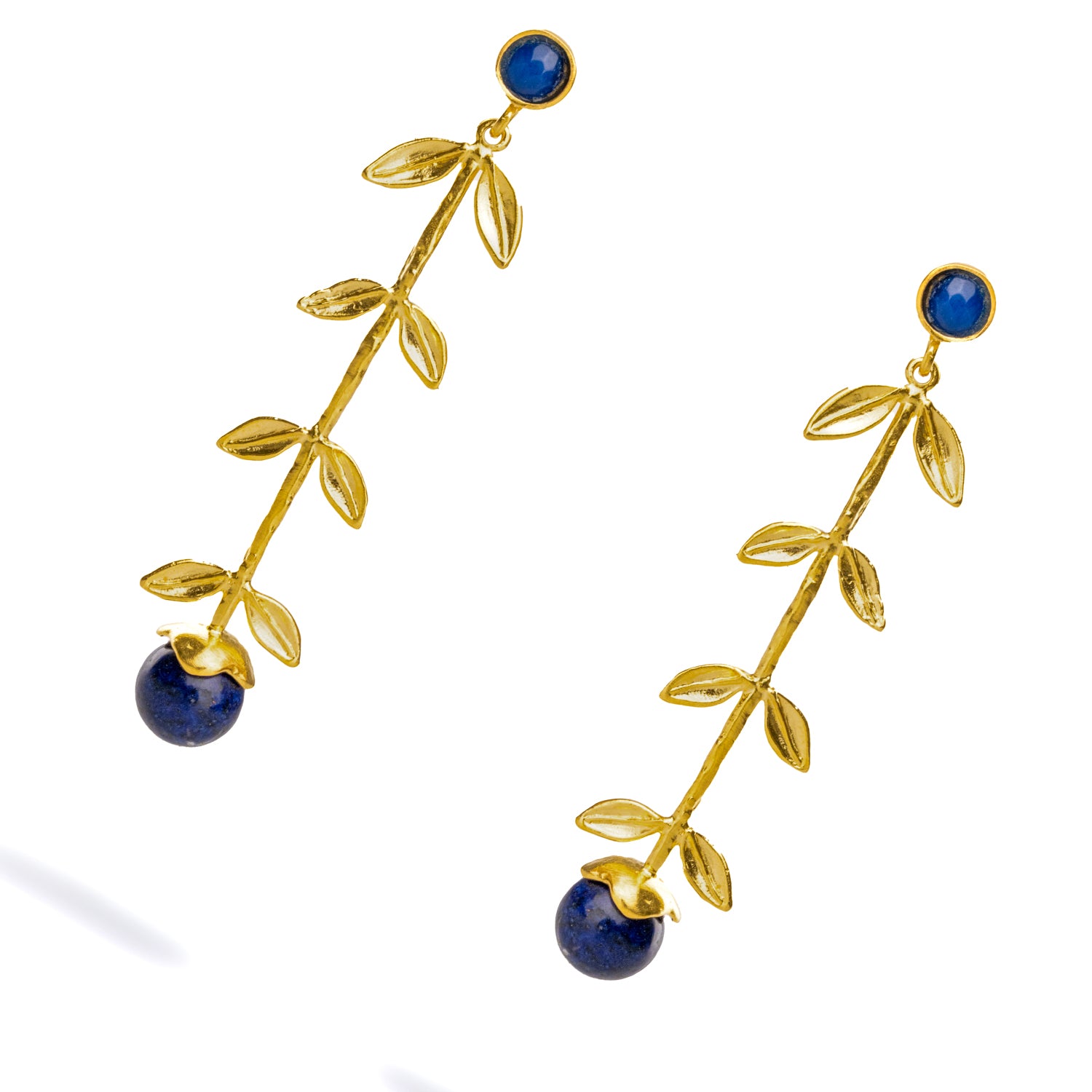 Gold-Plated Bohemian Earrings with Lapis Lazuli Stones and Gold Leaf Accents for Timeless Elegance