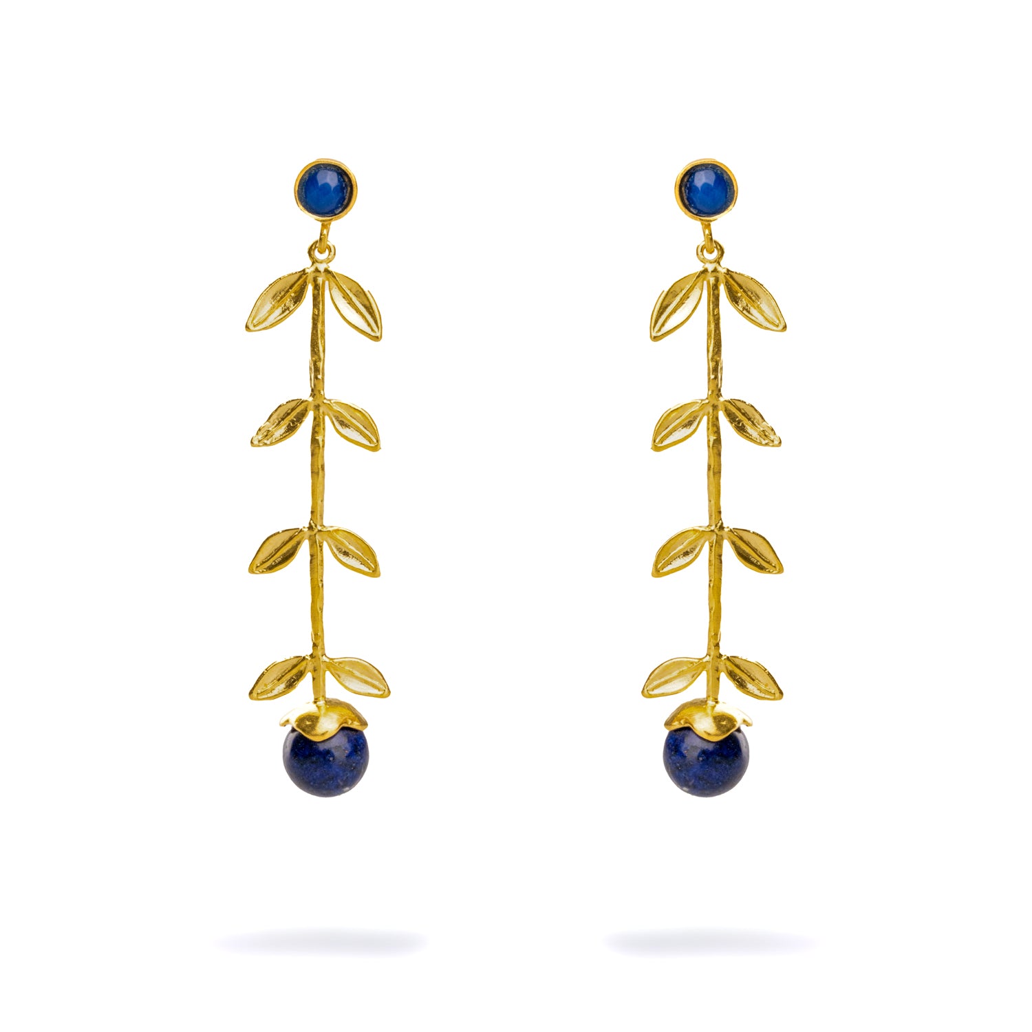 Handmade 24K Gold Earrings with Lapis Lazuli Stones and Gold Leaf Design for Elegant Boho Style