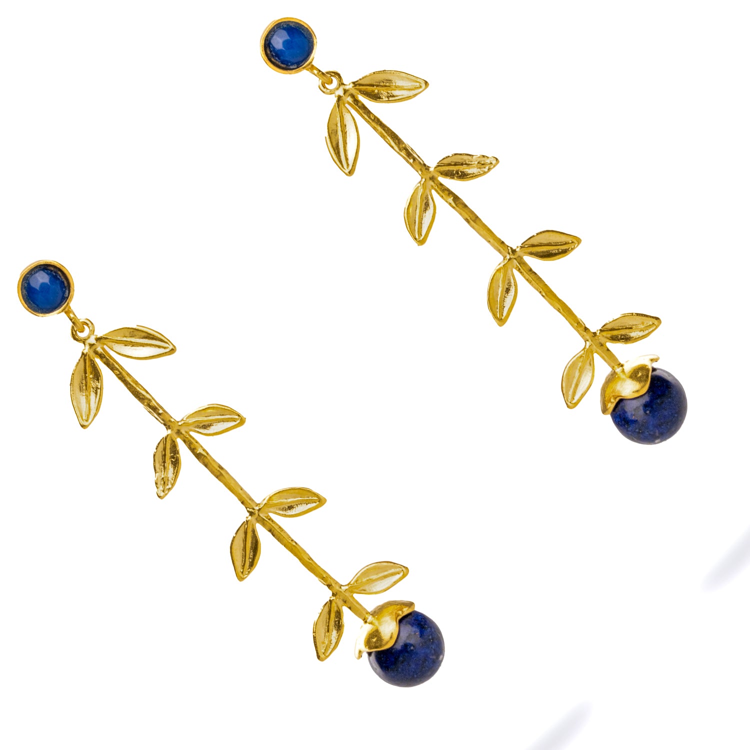 24K Gold-Plated Dangle Earrings with Lapis Lazuli Stones and Gold Leaf for a Luxe Boho Style