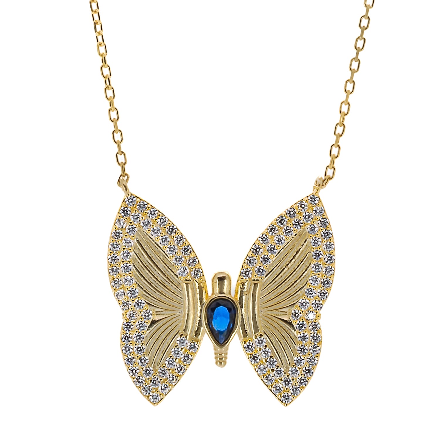 Gold Sparkly Hope Butterfly Necklace featuring a sterling silver chain with an 18K gold plated finish, adorned with a dazzling butterfly pendant embellished with CZ diamonds and a vibrant sapphire stone.