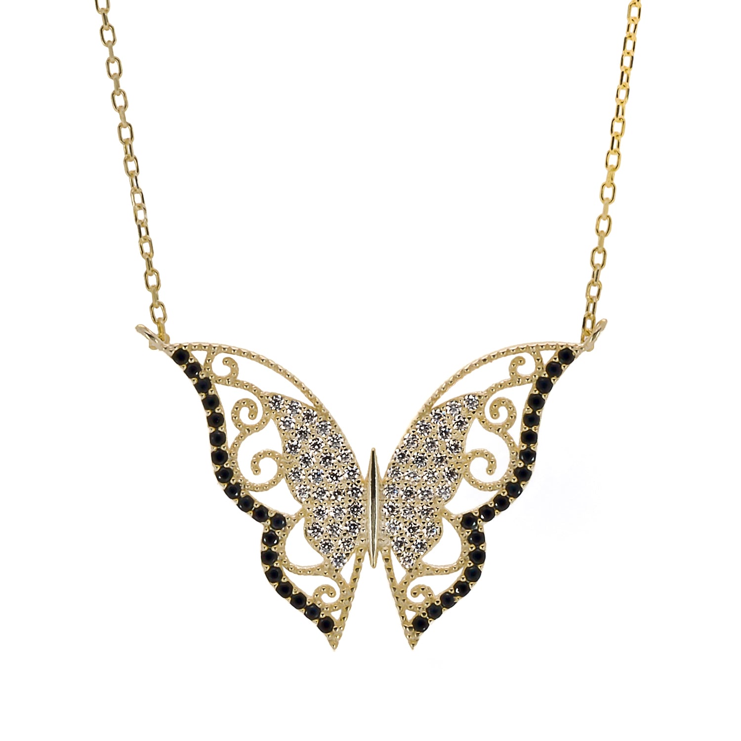 Gold Sparkly Joyful Butterfly Necklace featuring a sterling silver chain with an 18K gold plated finish, adorned with a dazzling butterfly pendant adorned with CZ diamonds, white enamel, and blue enamel.