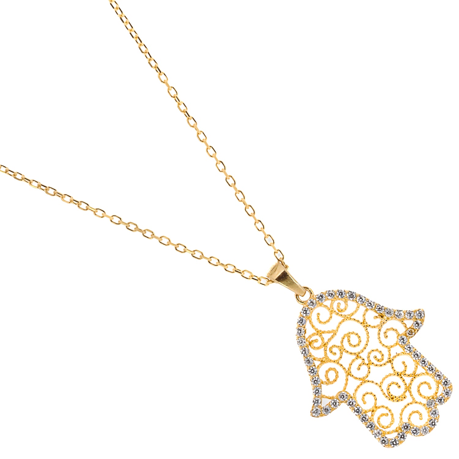 Gold Spiral Hamsa Necklace, a meaningful and stylish accessory that combines the protective symbolism of the Hamsa with the beauty of CZ diamonds.
