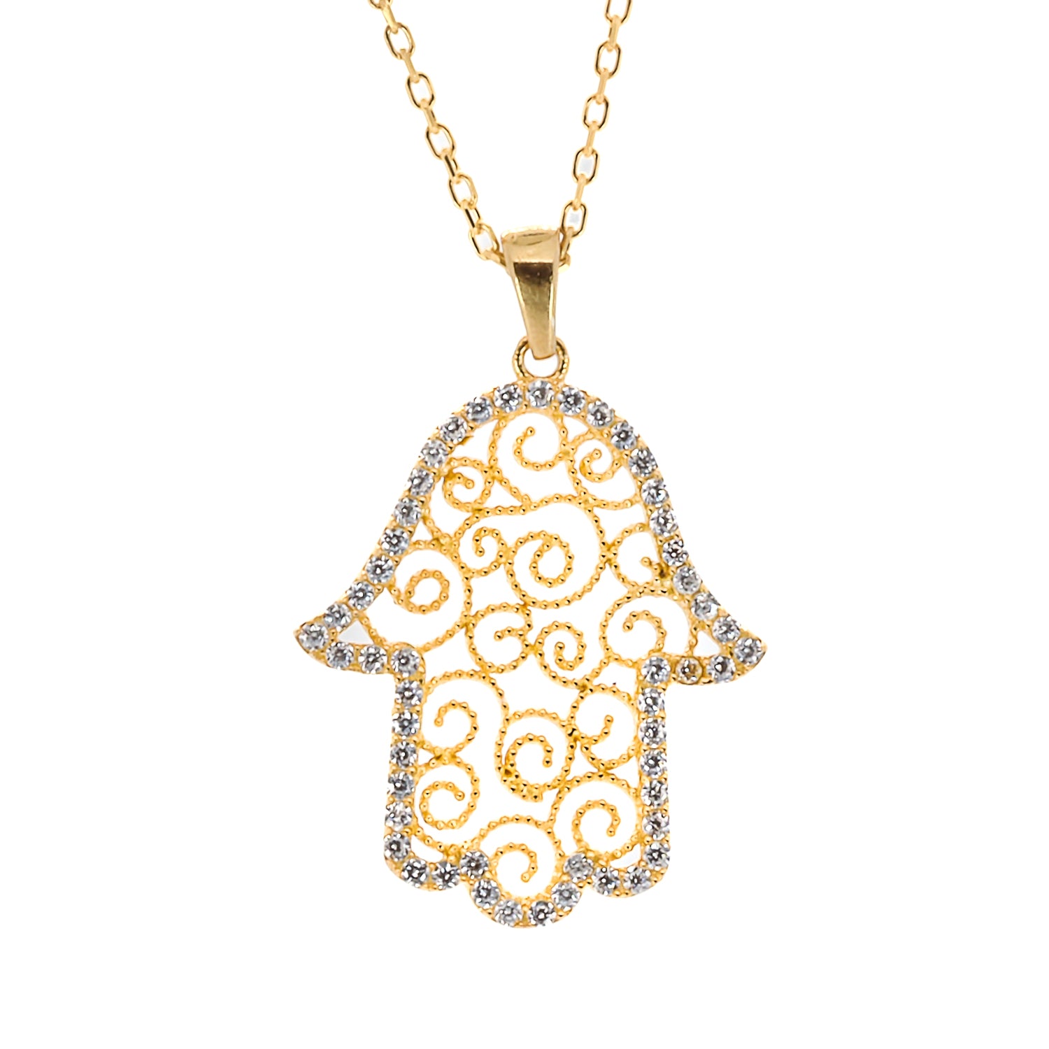Gold Spiral Hamsa Necklace featuring a delicate Hamsa pendant crafted from 925 sterling silver and plated with 18k gold, adorned with sparkling CZ diamonds.