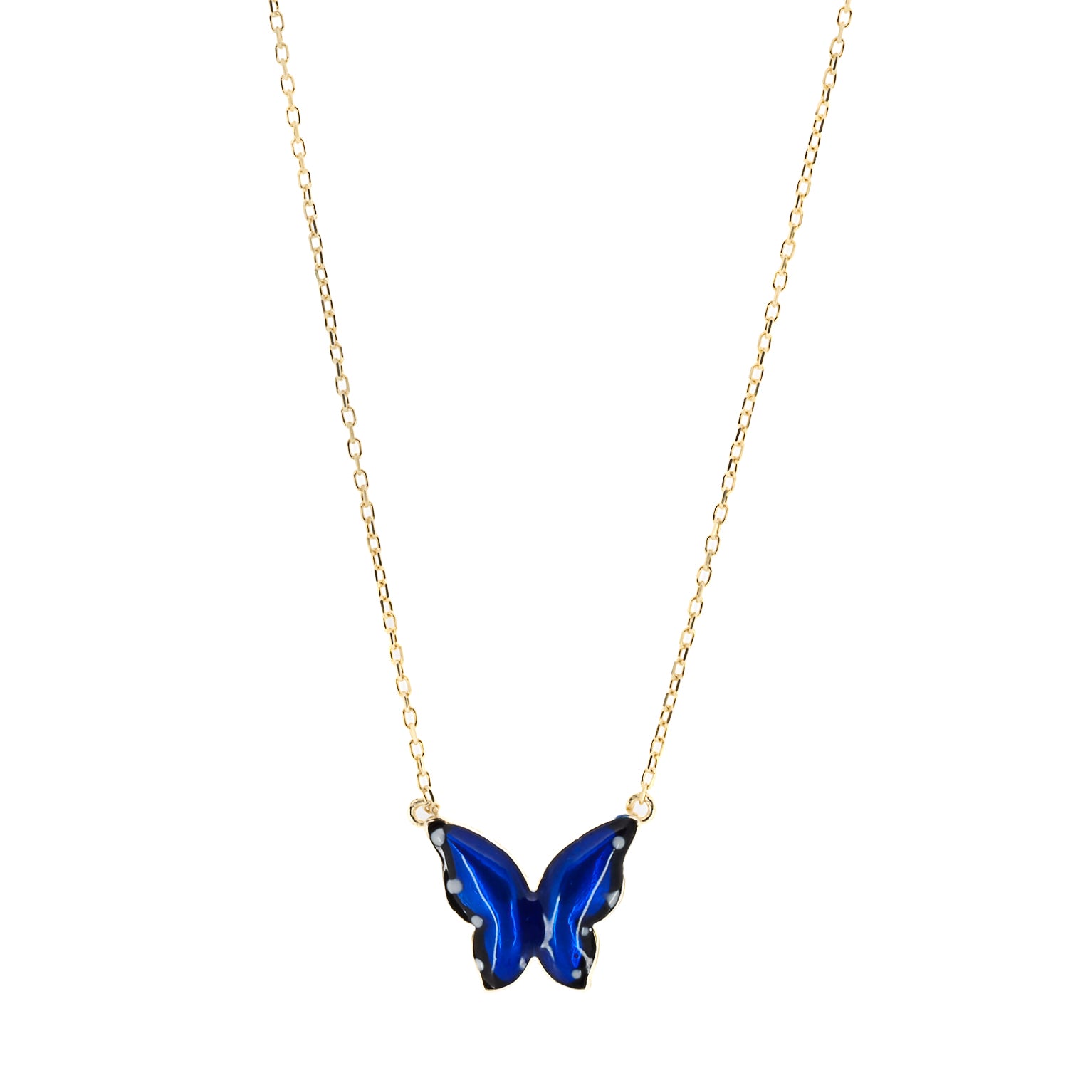 Detailed shot of the 925 sterling silver chain plated with 18K gold on the Gold Spiritual Blue Enamel Butterfly Necklace, showcasing its beauty and craftsmanship.