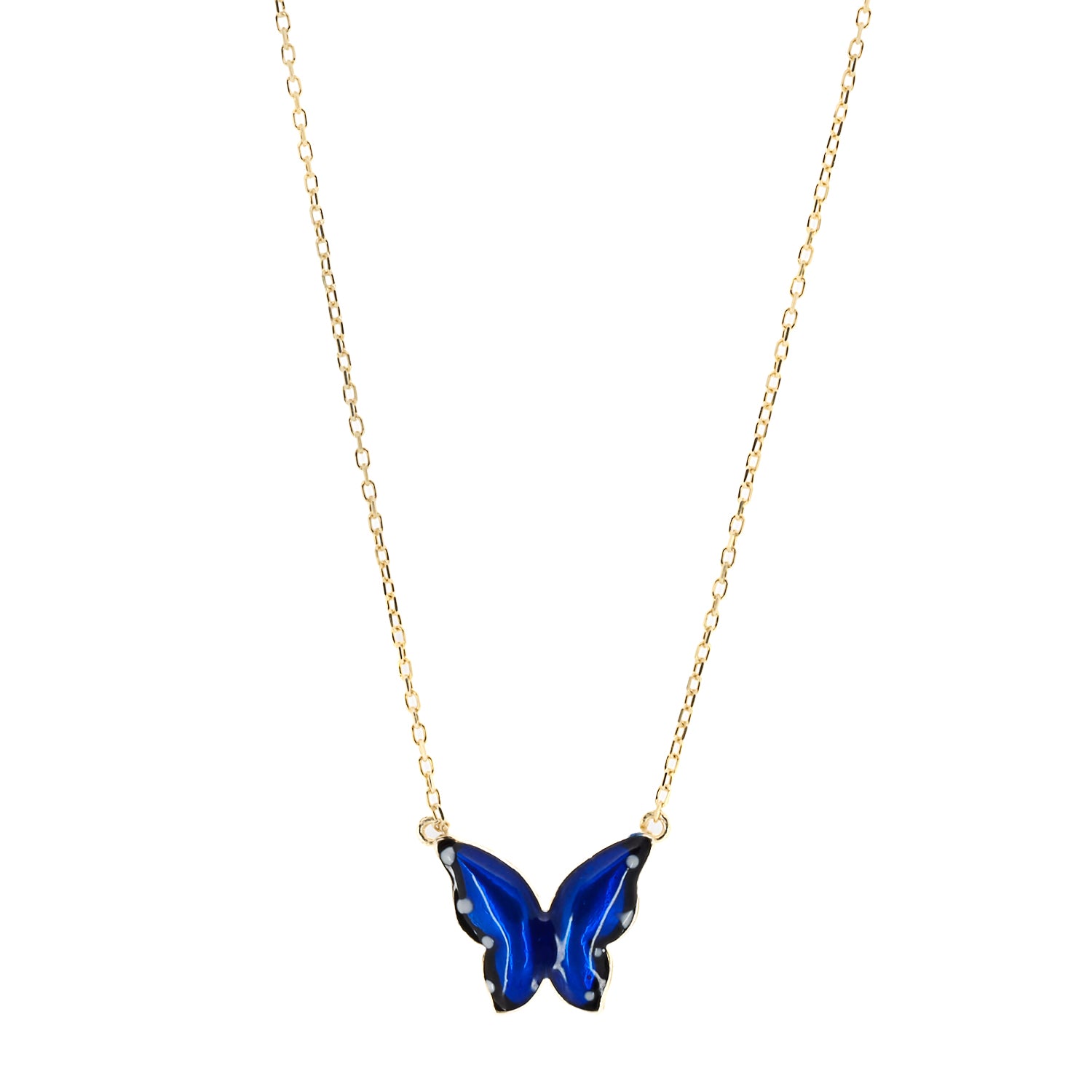 Detailed shot of the 925 sterling silver chain plated with 18K gold on the Gold Spiritual Blue Enamel Butterfly Necklace, showcasing its beauty and craftsmanship.