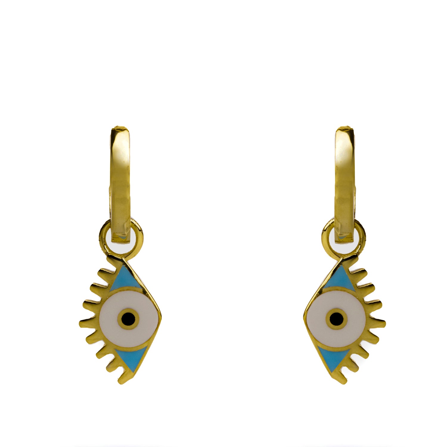 Gold Vermeil Hoop & Blue Enamel Protection Evil Eye Dangle Earrings