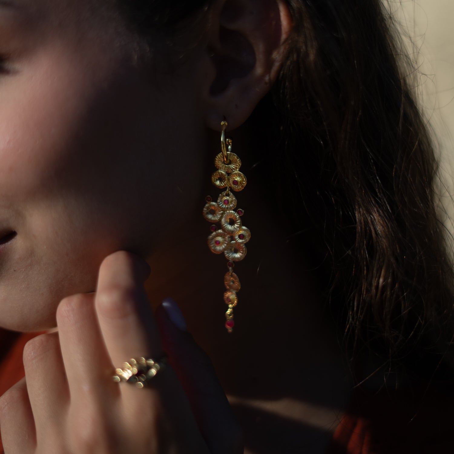 Golden Aura Coral Dangle Earrings